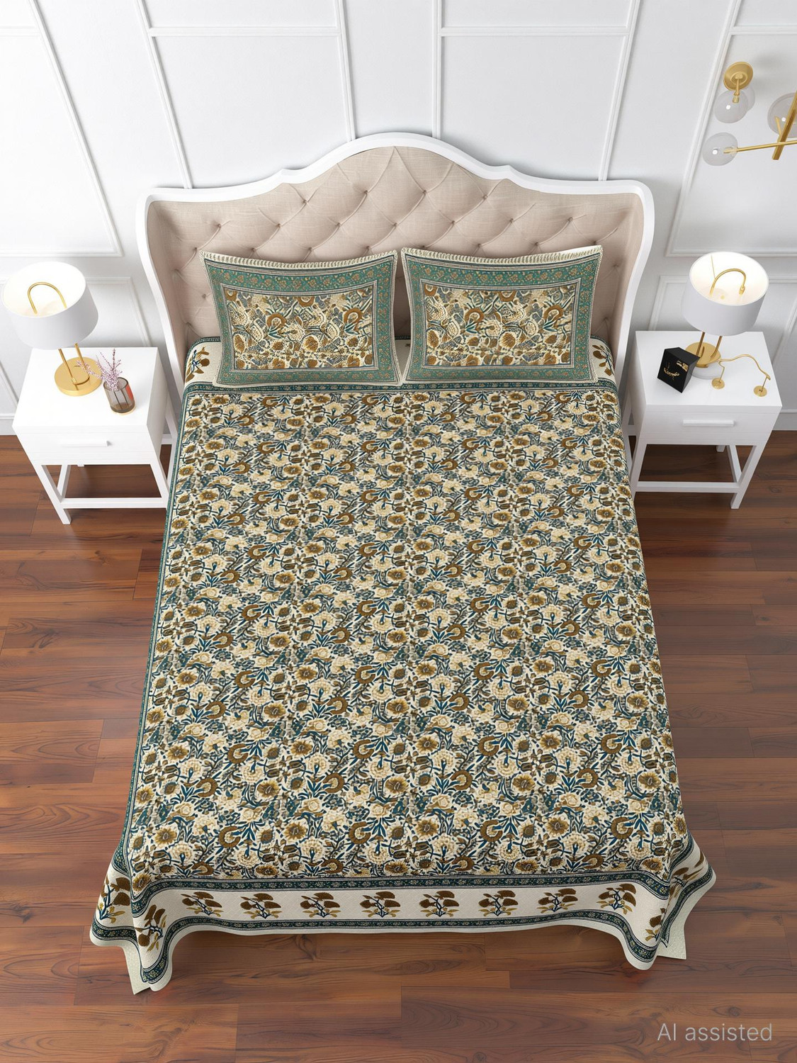 Image of SIZAR Cotton Queen Flat 104 TC Jaipuri Prints 1 Bedsheet with 2 Pillow Covers
