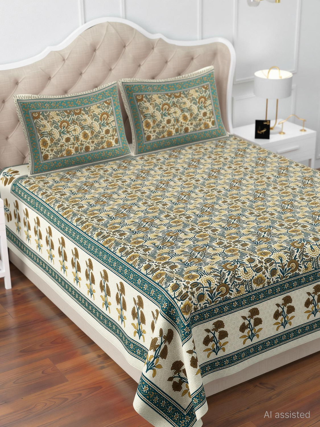 Image of SIZAR Cotton Queen Flat 104 TC Jaipuri Prints 1 Bedsheet with 2 Pillow Covers