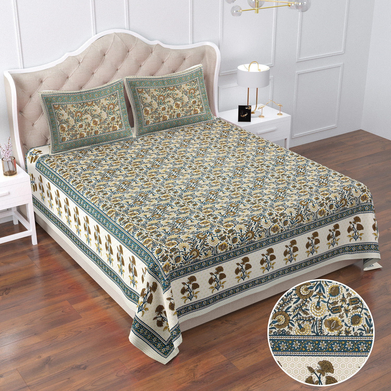 Image of SIZAR Cotton Queen Flat 104 TC Jaipuri Prints 1 Bedsheet with 2 Pillow Covers