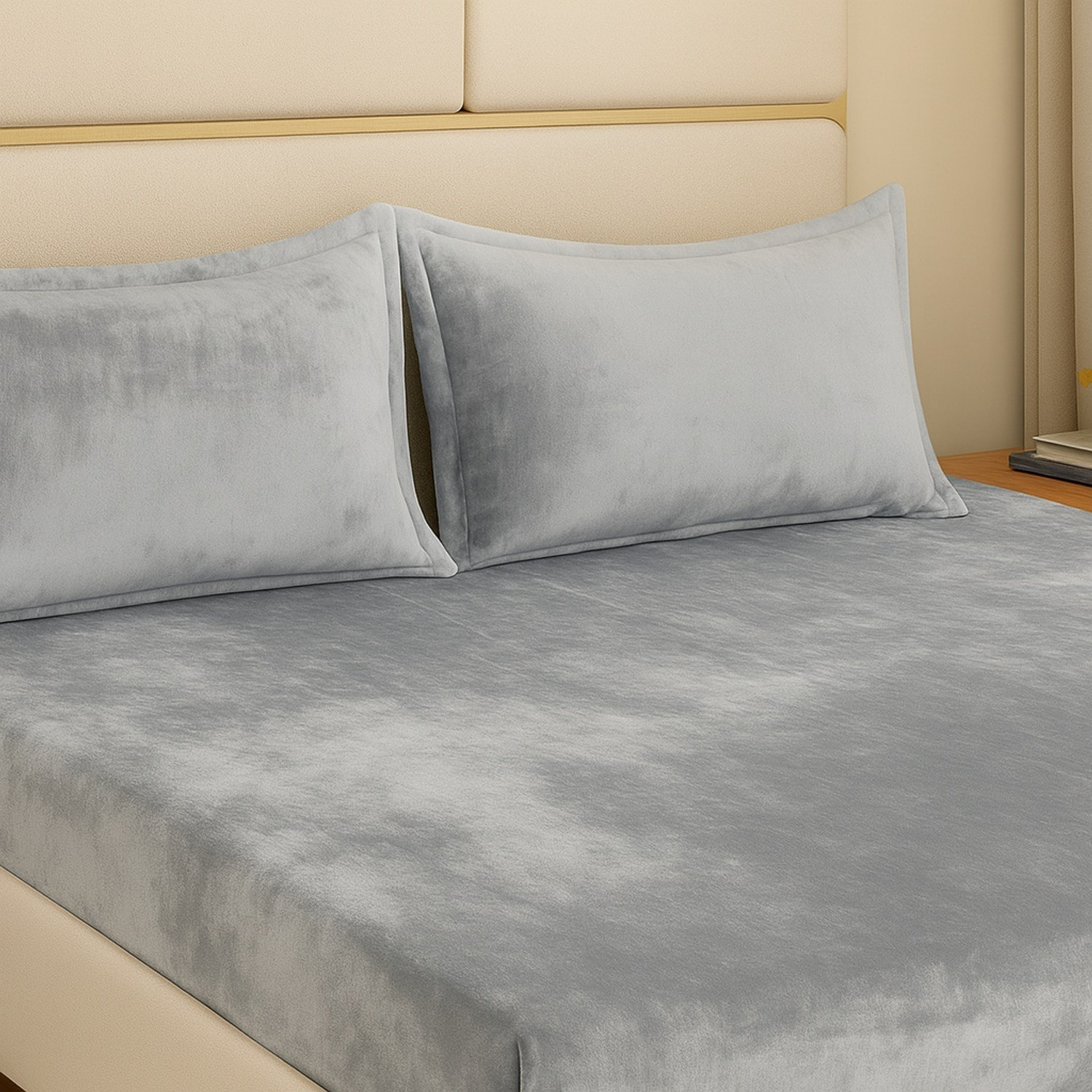 Image of CRAFTEAL Velvet Single Fitted (Elastic) 300 TC Solid 1 Bedsheet with 2 Pillow Covers