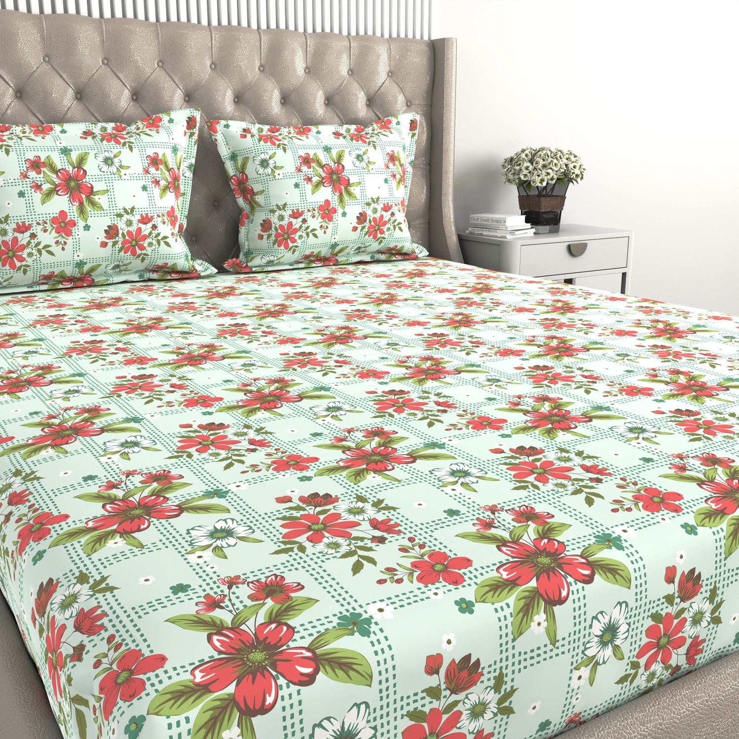 Image of Raymond Home Cotton Queen Fitted (Elastic) 104 TC Floral 1 Summer Bedsheet with 2 Pillow Covers