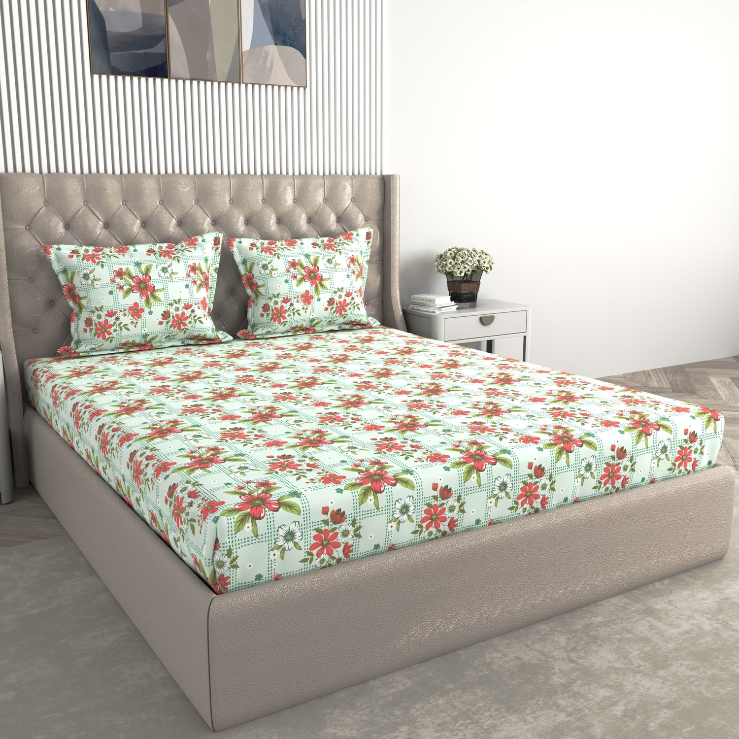 Image of Raymond Home Cotton Queen Fitted (Elastic) 104 TC Floral 1 Summer Bedsheet with 2 Pillow Covers