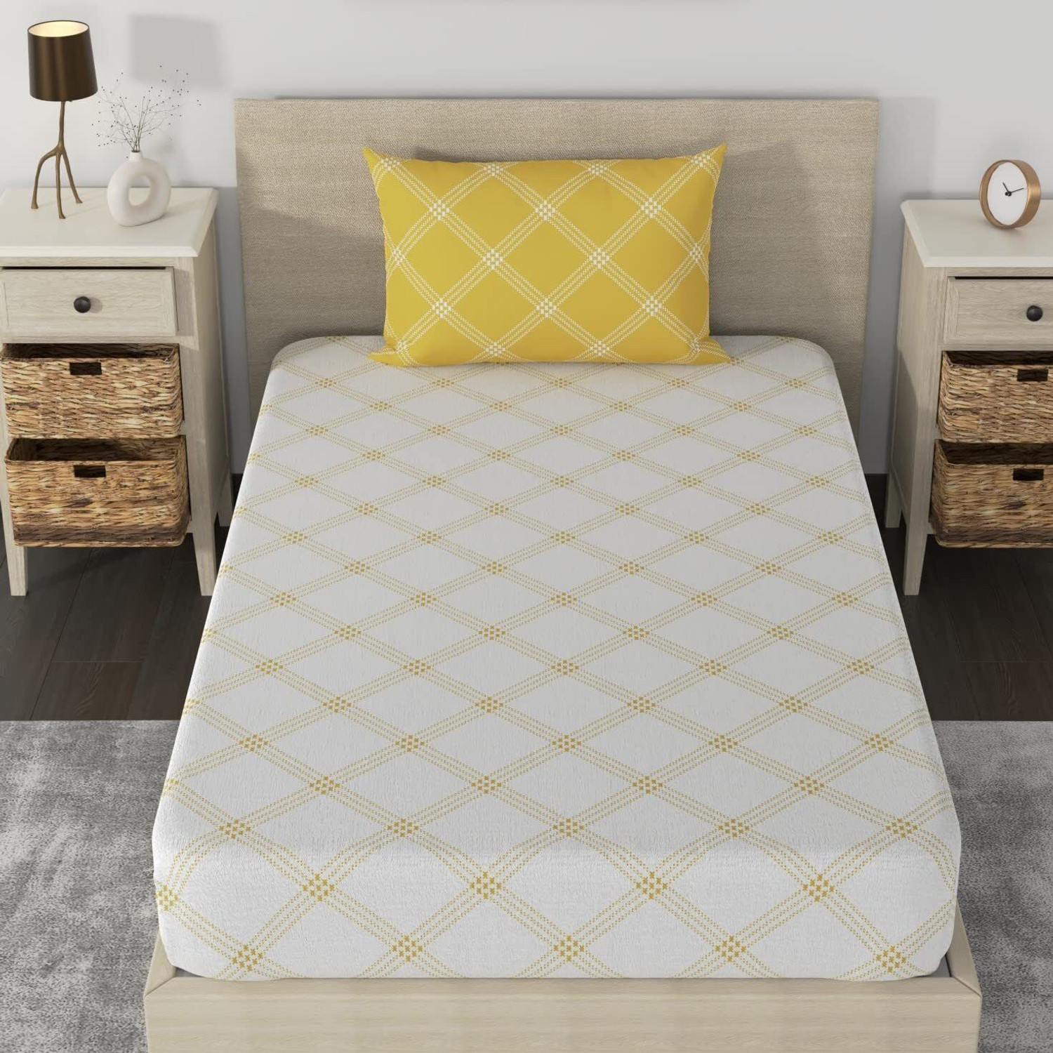 Image of Huesland Cotton Single Fitted (Elastic) 210 TC Geometric 1 Bedsheet with 2 Pillow Covers