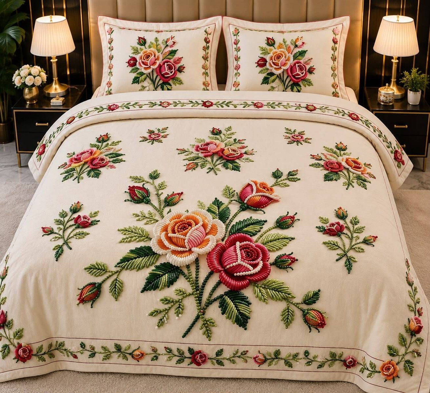 Image of ANVIKA Cotton Blend Double Flat 400 TC Embroidered 1 AC Bedsheet with 2 Pillow Covers (Multicolor)
