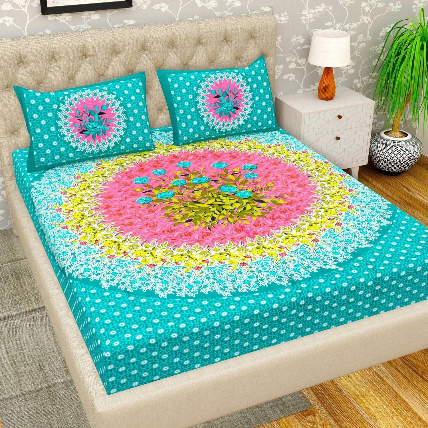 Leo Creation Cotton Double Flat 144 TC Jaipuri Prints 1 Bedsheet