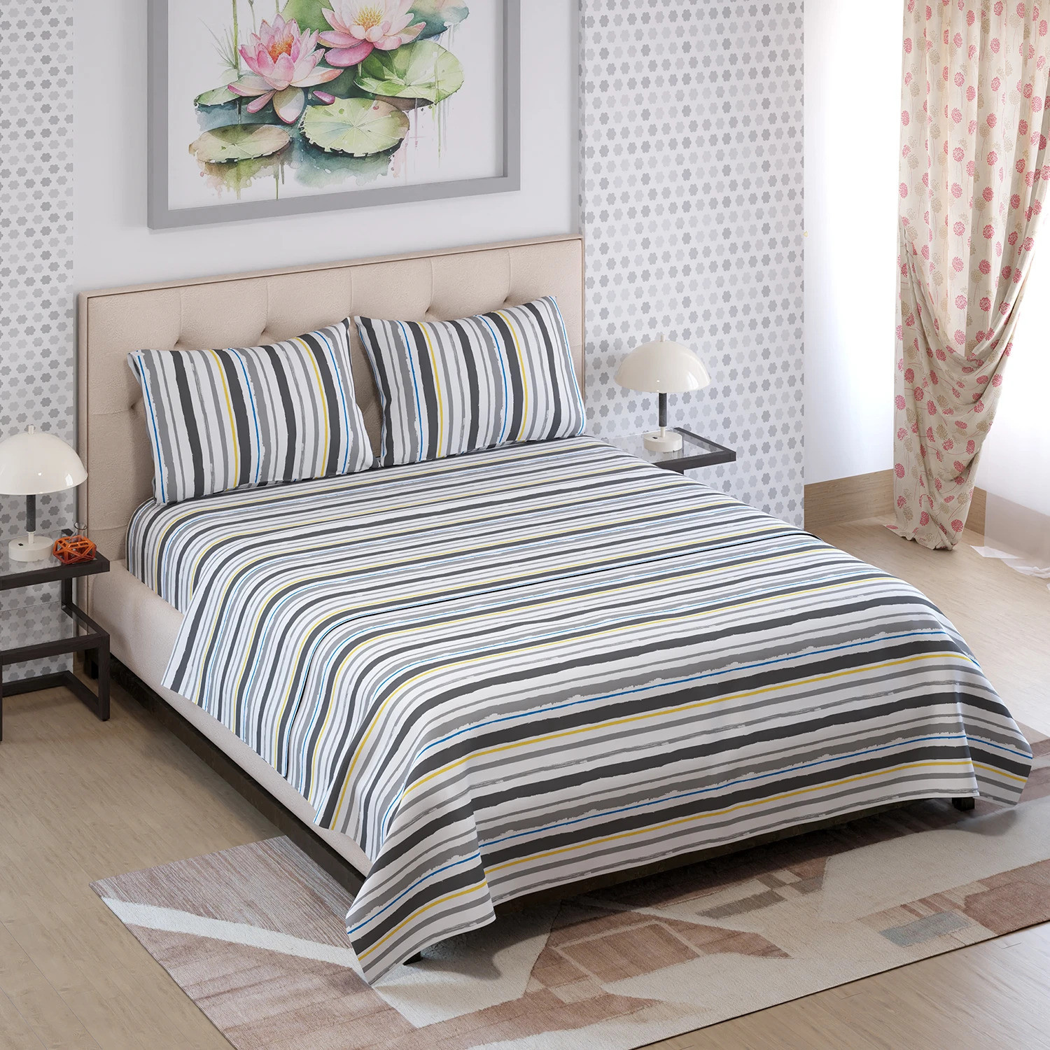 Image of Layers Cotton Blend Double Flat 225 TC Printed 1 Bedsheet with 2 Pillow Covers