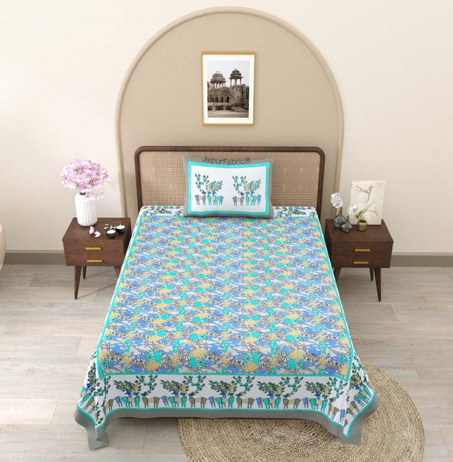 Image of JAIPUR FABRIC Cotton Single Flat 240 TC Jaipuri Prints 1 Bedsheet with 2 Pillow Covers