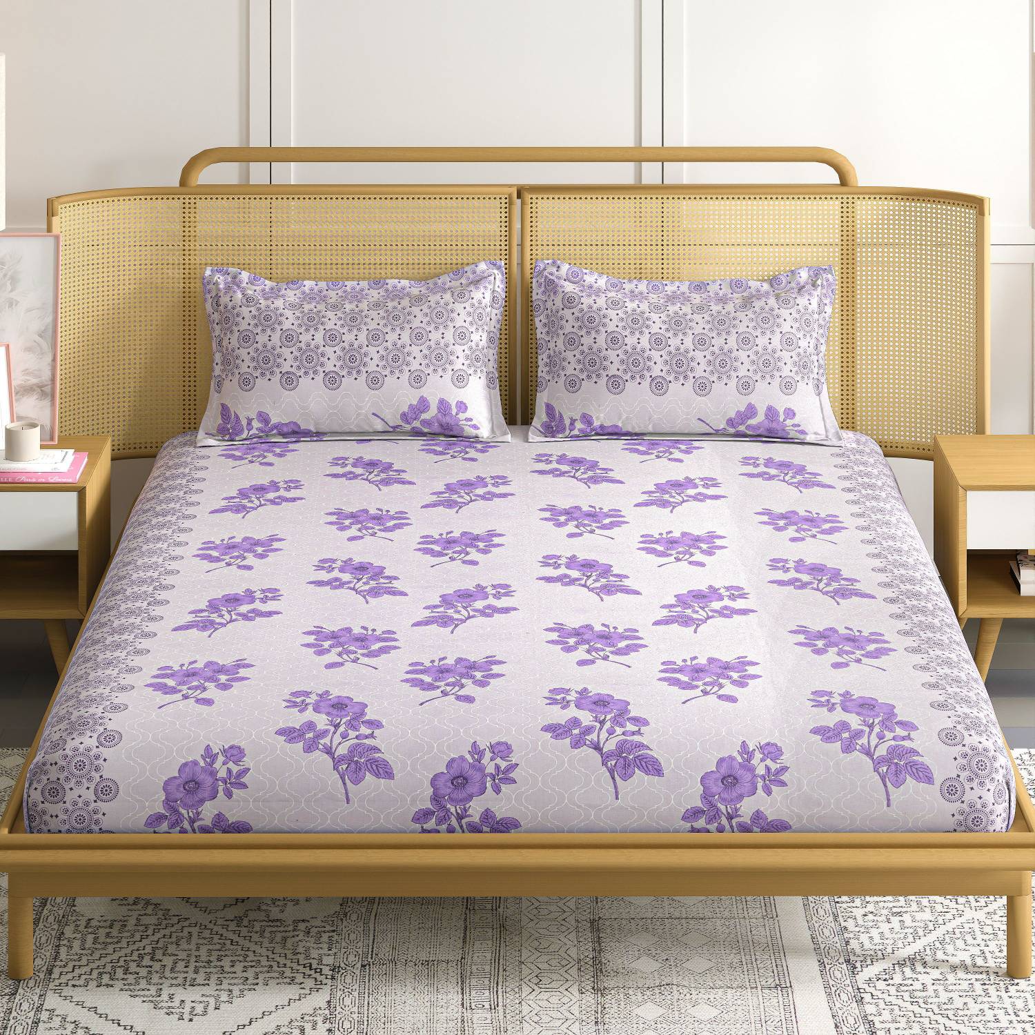 RICHKRAFT Cotton Queen Flat 300 TC Floral 1 Bedsheet with 2 Pillo