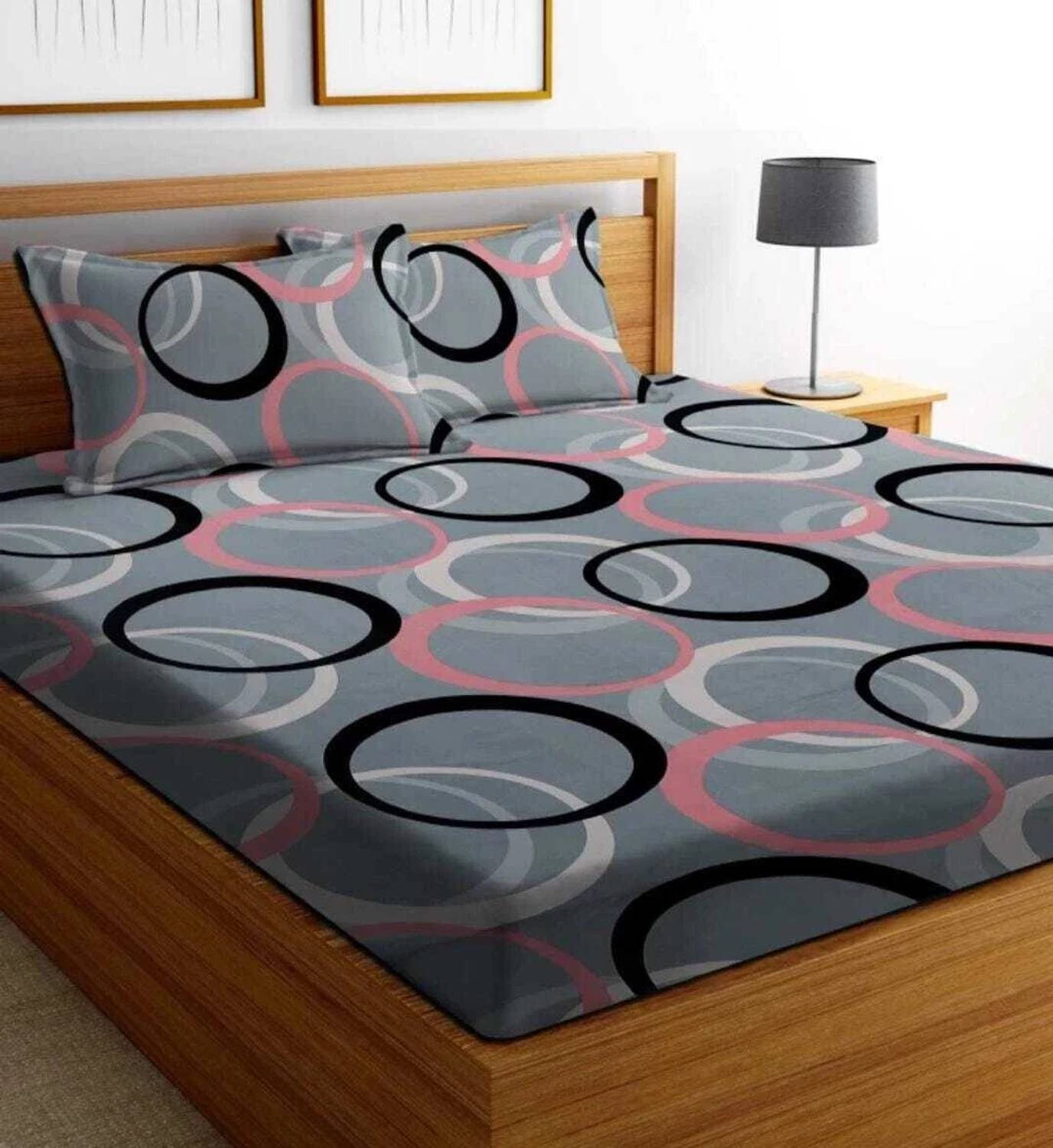 A11 M@LL Cotton Queen Fitted (Elastic) 290 TC Printed 1 Bedsheet with 2 Pillow Covers