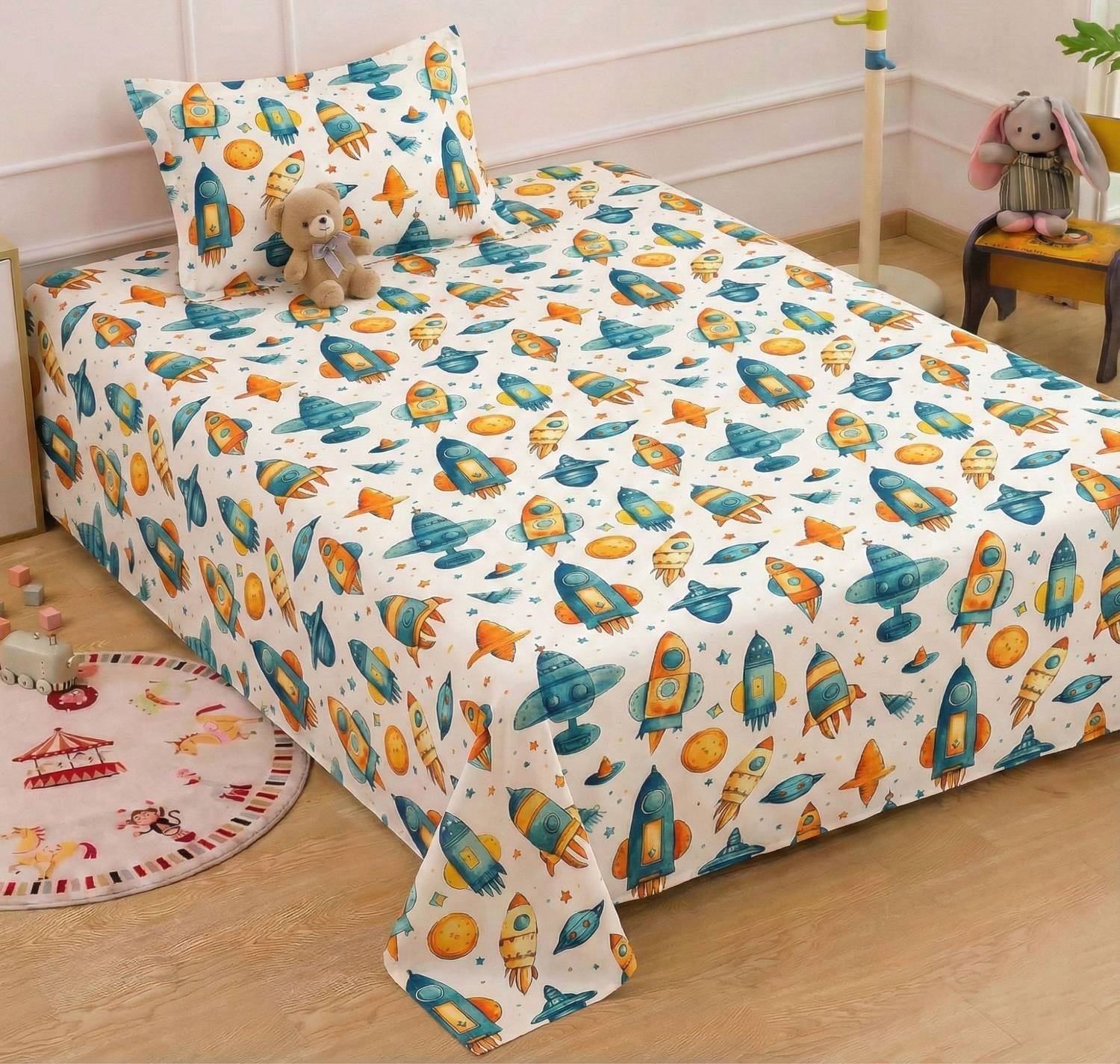 BSB HOME Cotton Blend Single Flat 230 TC Printed 1 AC Bedsheet