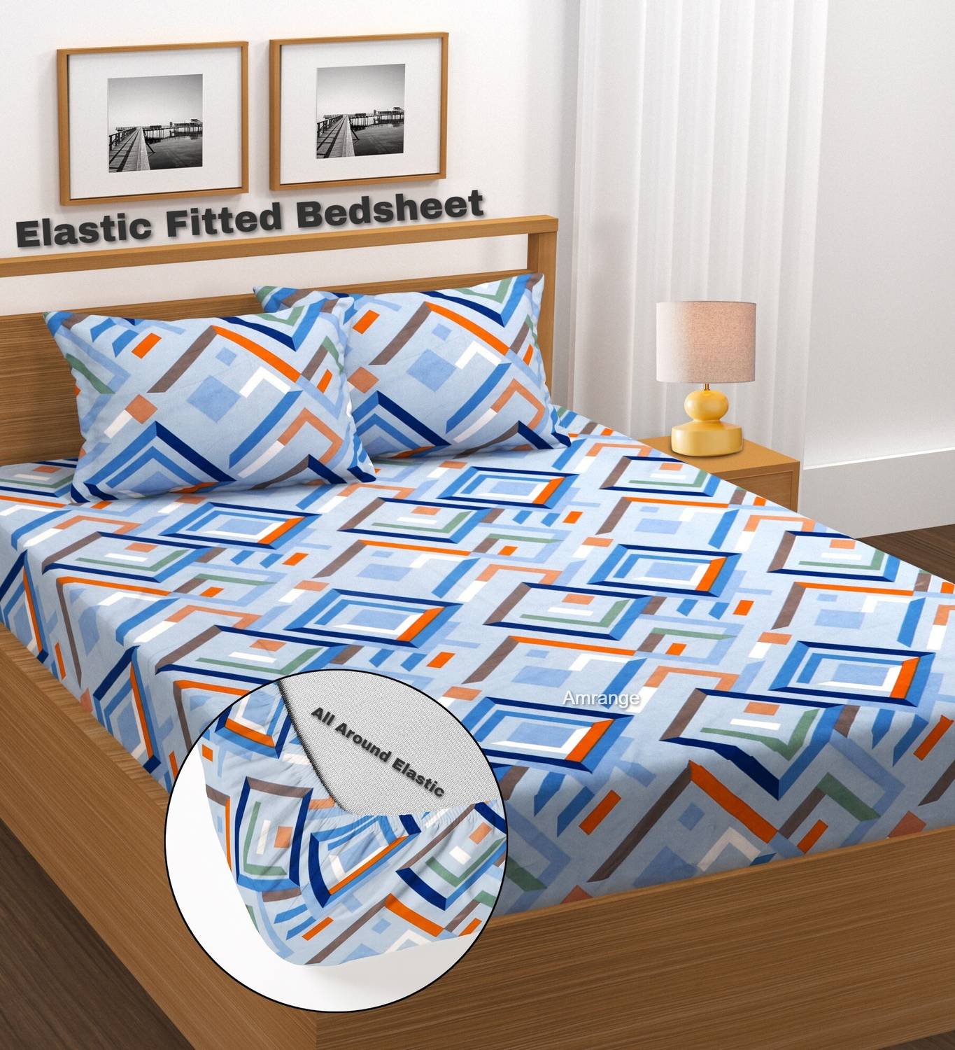 Amrange Microfiber King Fitted (Elastic) 210 TC 3D Printed 1 Bedsheet with 2 Pillow Covers