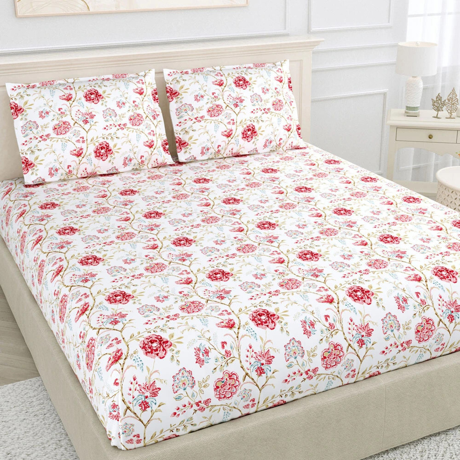 Image of haus & kinder Cotton King Fitted (Elastic) 186 TC Printed 1 Bedsheet with 2 Pillow Covers