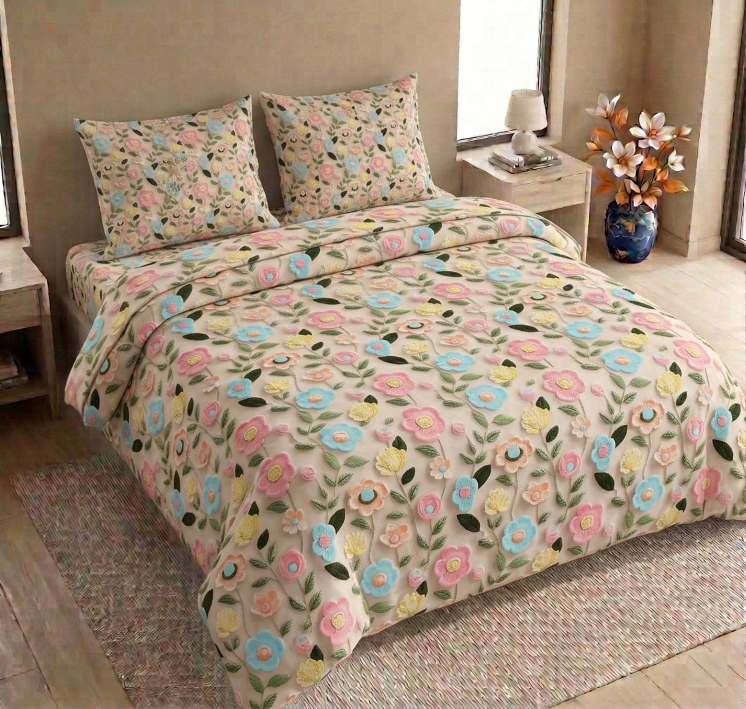 AMBERBLISH HOMES Cotton Double Flat 350 TC Floral 1 Summer Bedsheet with 2 Pillow Covers, 2 Cushion Covers