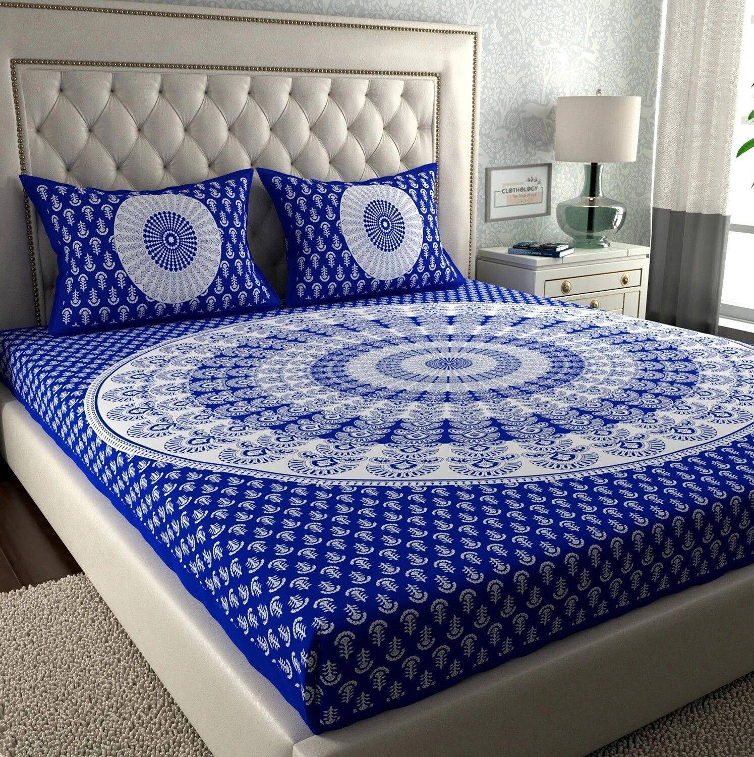 CLOTHOLOGY Cotton Double Flat 144 TC Jaipuri Prints 1 Bedsheet wi