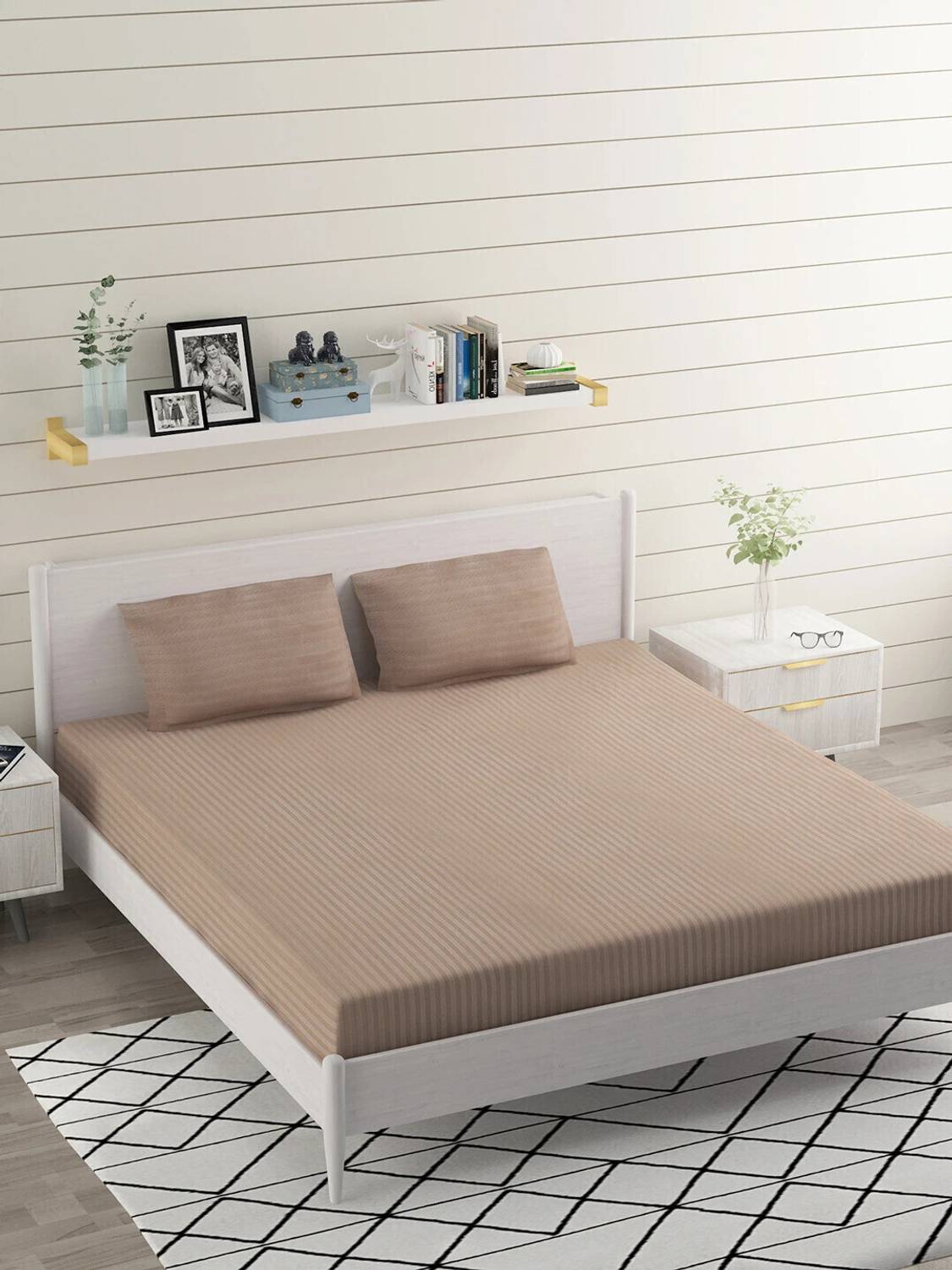 BROMWICK Microfiber Double Flat 300 TC Striped 1 Bedsheet with 2