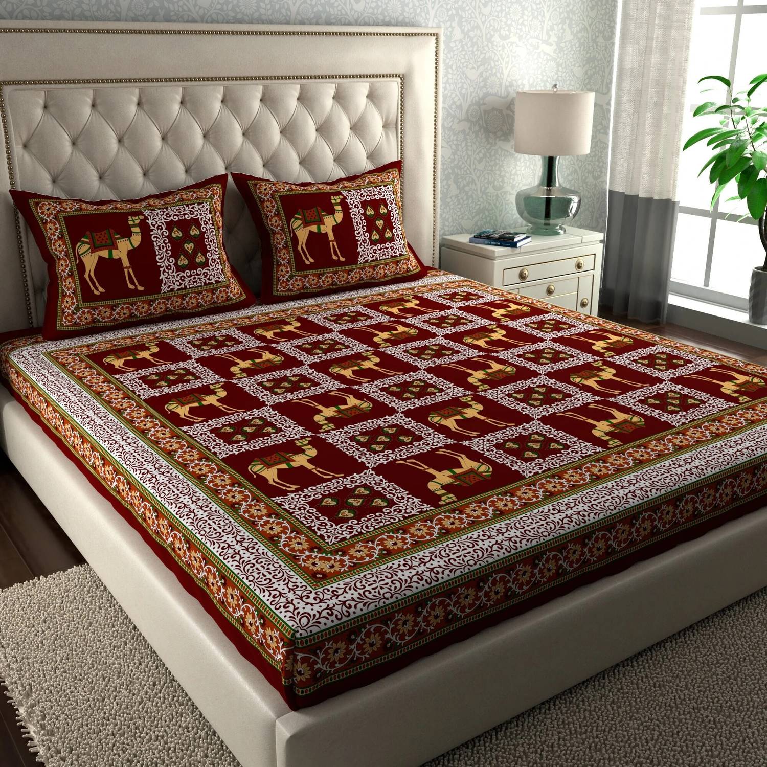LA VERNE Cotton Double Flat 144 TC Printed 1 Bedsheet with 2 Pill