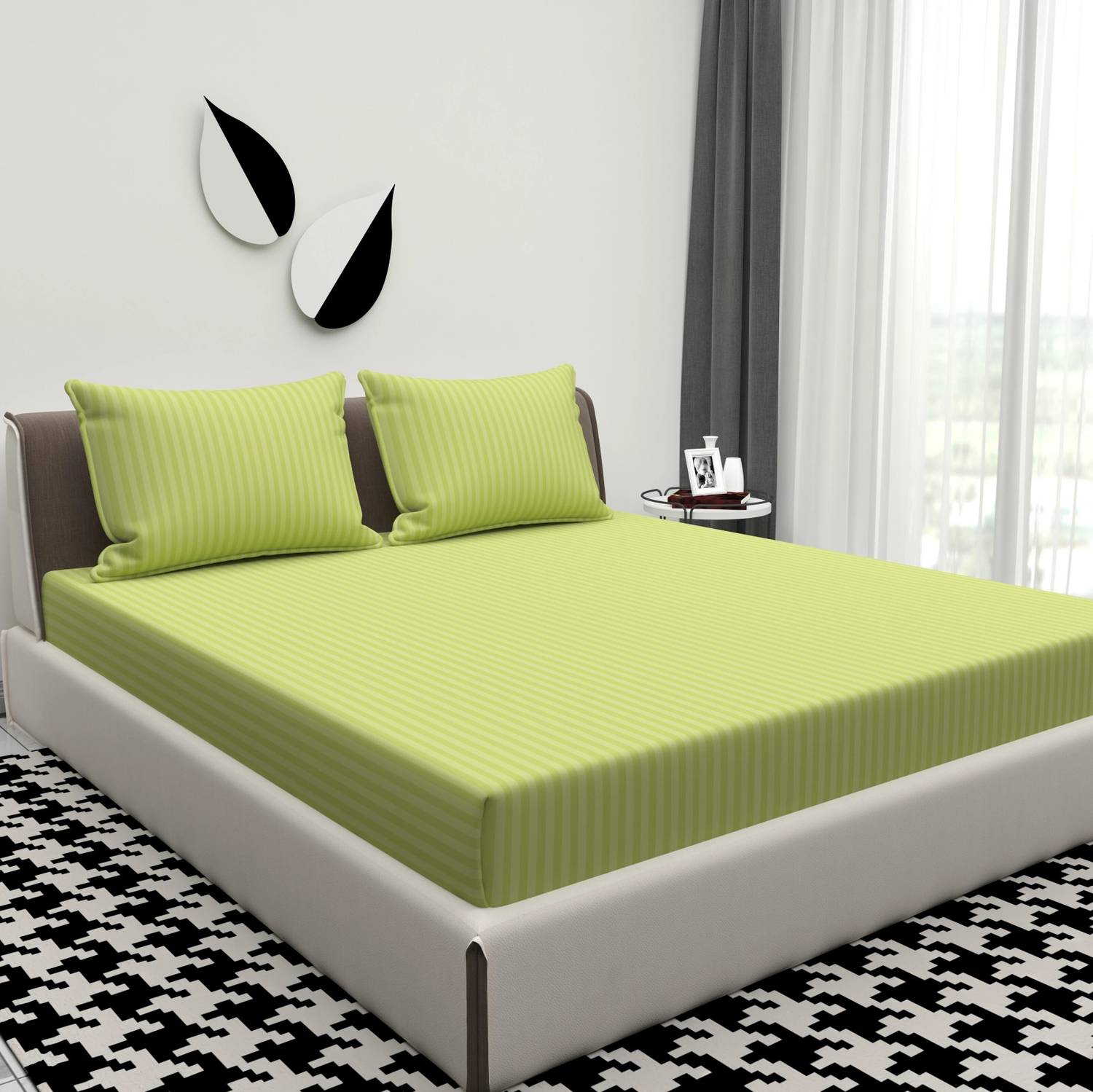 BROMWICK Microfiber Double Flat 300 TC Striped 1 Bedsheet with 2