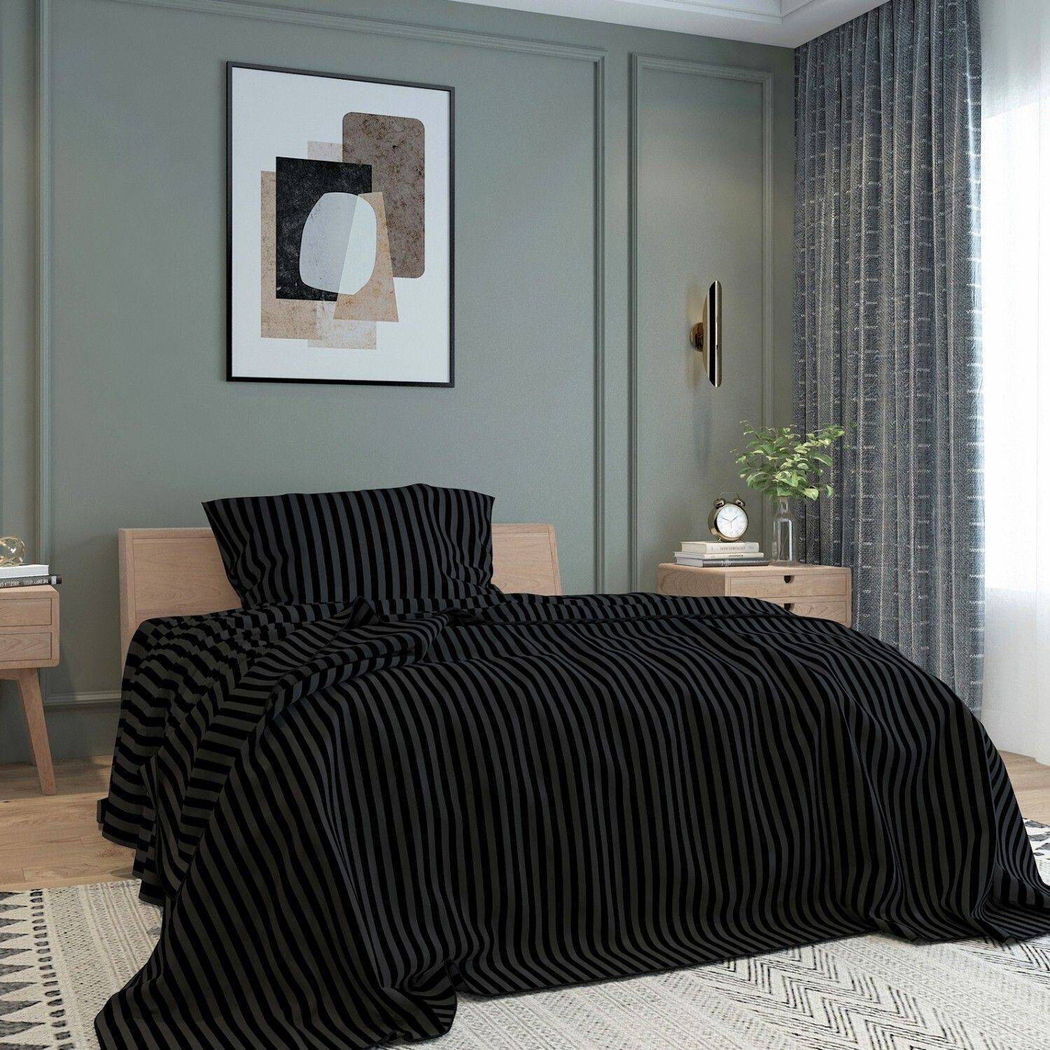 BELVOSTUM Microfiber Single Flat 280 TC Striped 1 Bedsheet with 2 Pillow Covers