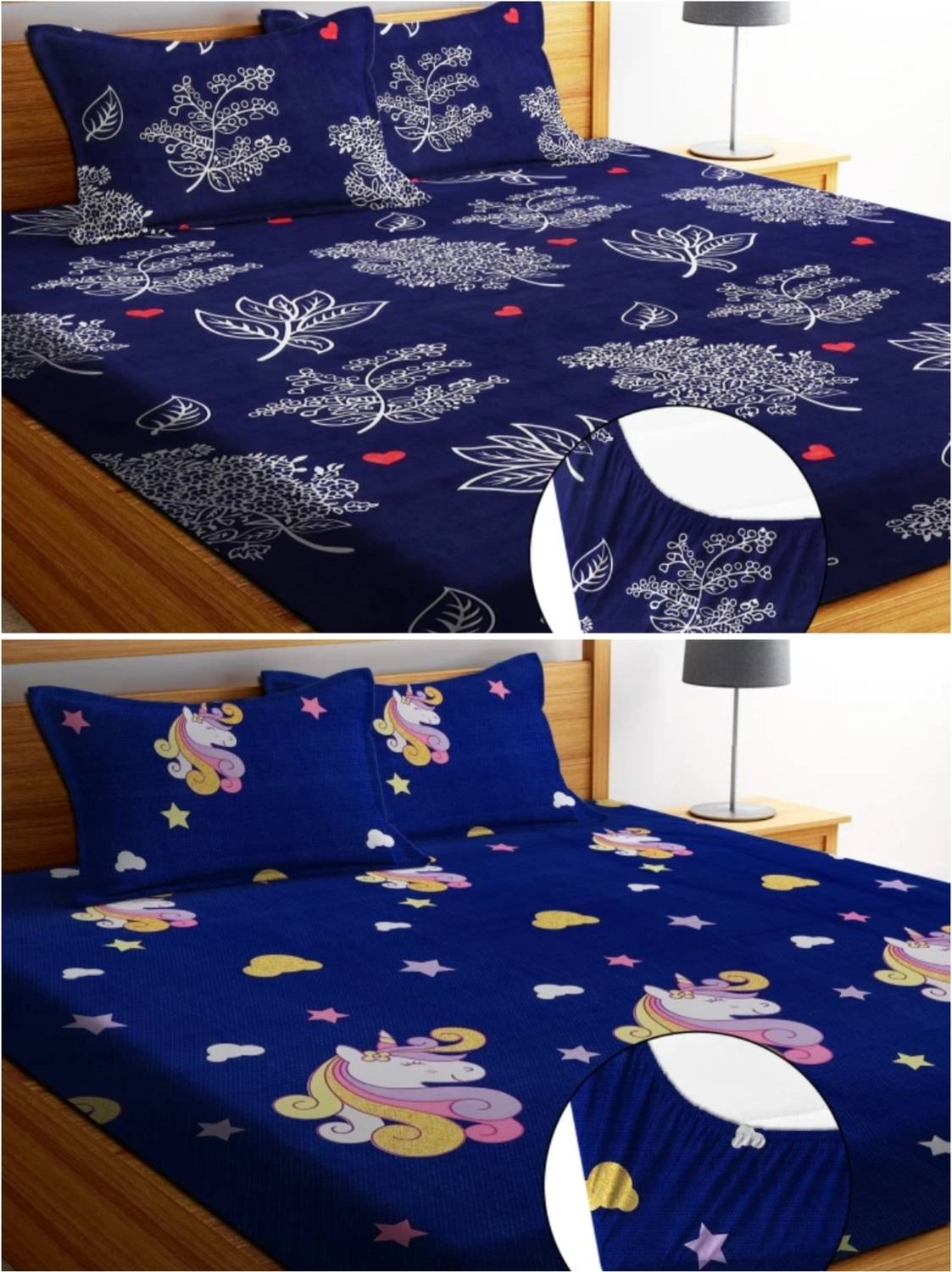 REFIZE Cotton Double Fitted (Elastic) 240 TC Floral 2 Bedsheets w