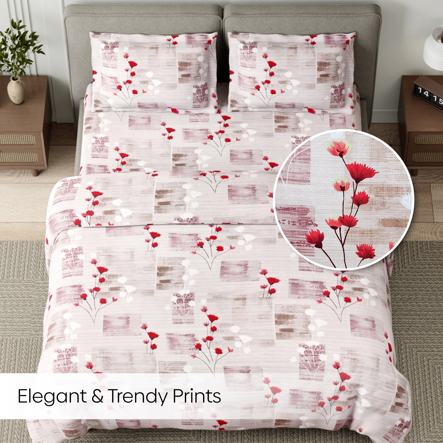 Image of haus & kinder Cotton Double Flat 144 TC Printed 1 Summer Bedsheet with 2 Pillow Covers