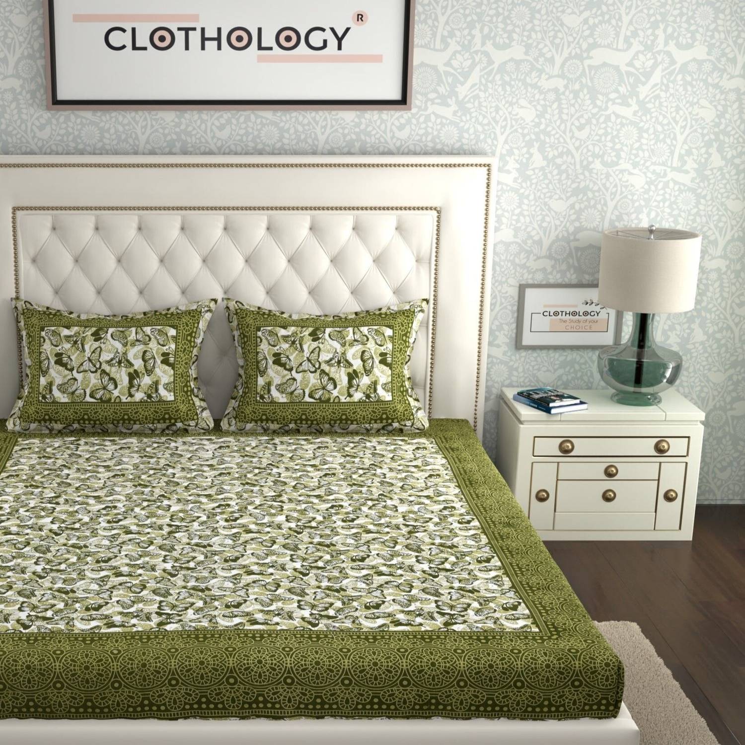 CLOTHOLOGY Cotton Double Flat 144 TC Jaipuri Prints 1 Bedsheet wi