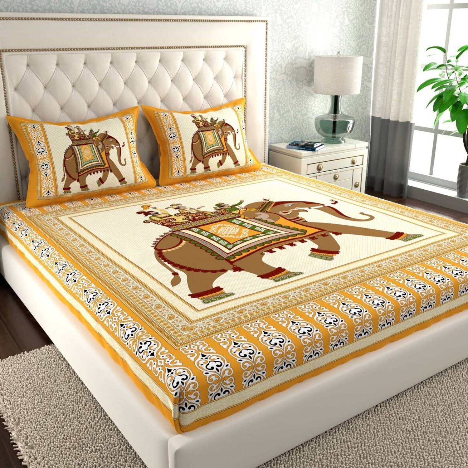CLOTHOLOGY Cotton Double Flat 144 TC Jaipuri Prints 1 Bedsheet wi