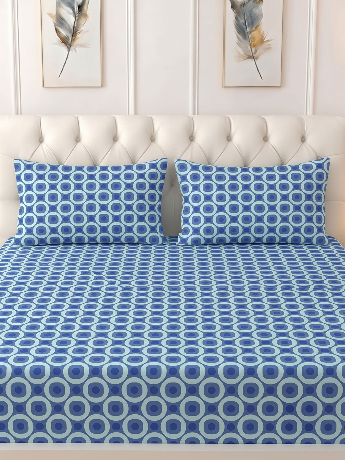 Image of Raymond Home Cotton Double Fitted (Elastic) 104 TC Printed 1 Bedsheet (Blue)