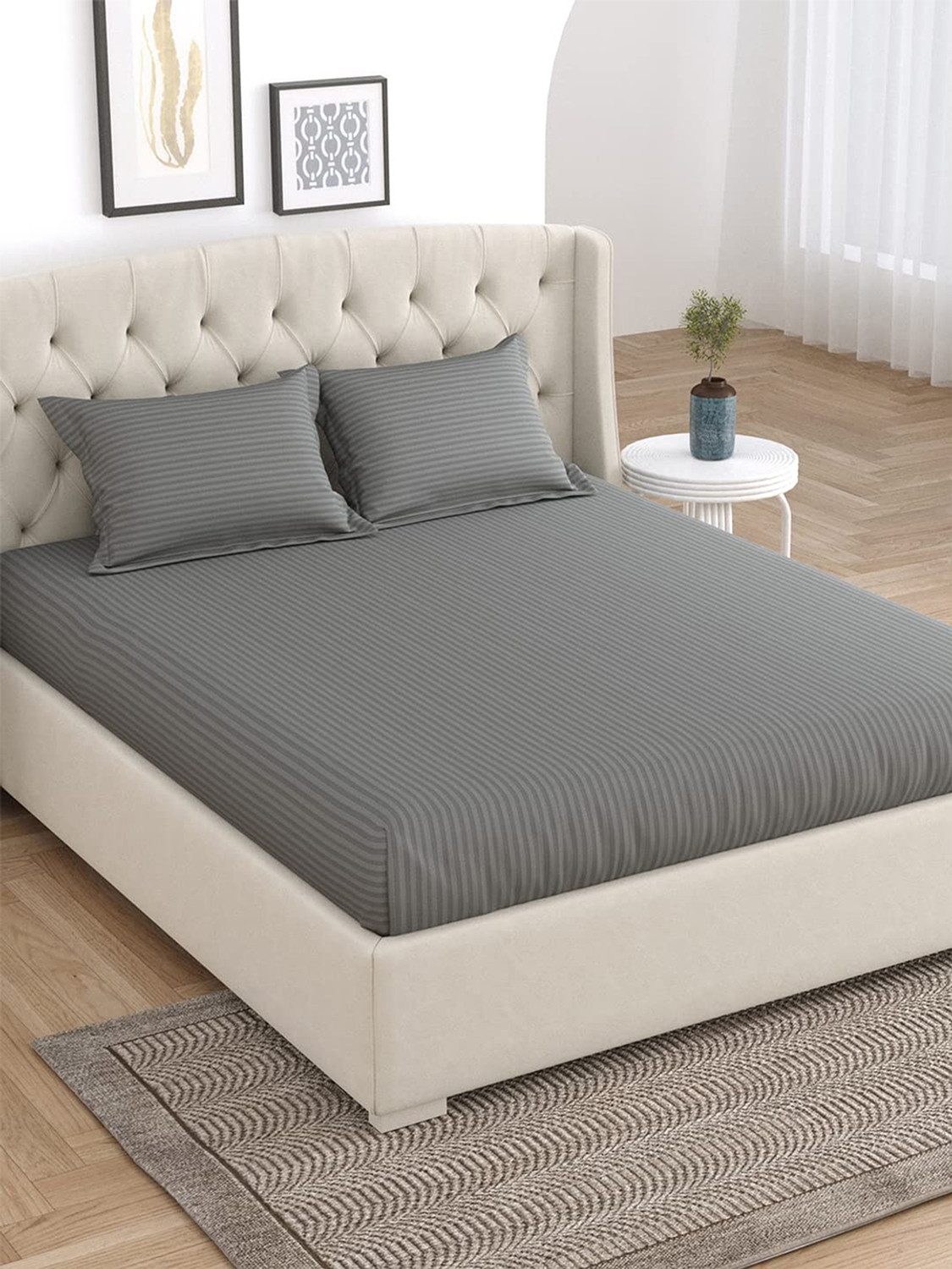 Image of LINENWALAS Cotton King Fitted (Elastic) 210 TC Striped 1 Bedsheet with 2 Pillow Covers
