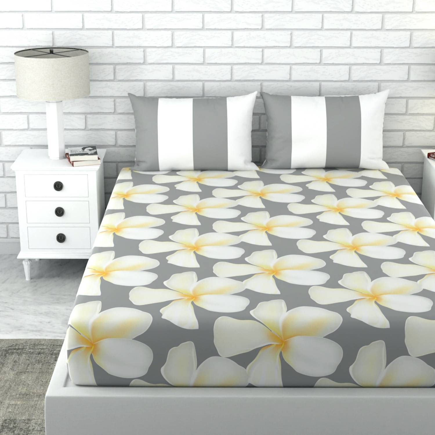 LORETO Cotton King Flat 144 TC Floral 1 Bedsheet with 2 Pillow Co