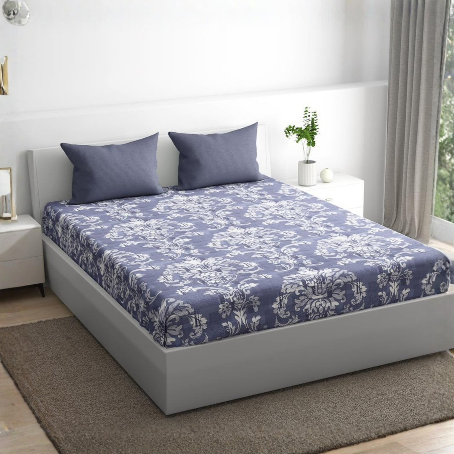 Image of Wakefit Cotton King Fitted (Elastic) 200 TC Floral 1 AC Bedsheet with 2 Pillow Covers