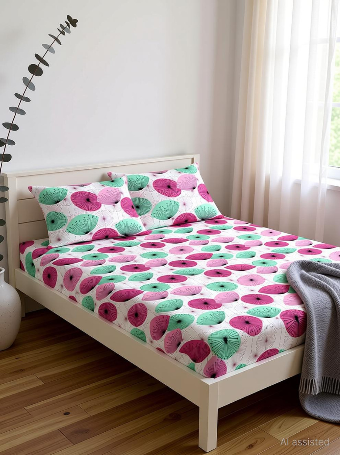 Image of Divine Casa Cotton Double Fitted (Elastic) 144 TC Floral 1 Bedsheet with 2 Pillow Covers