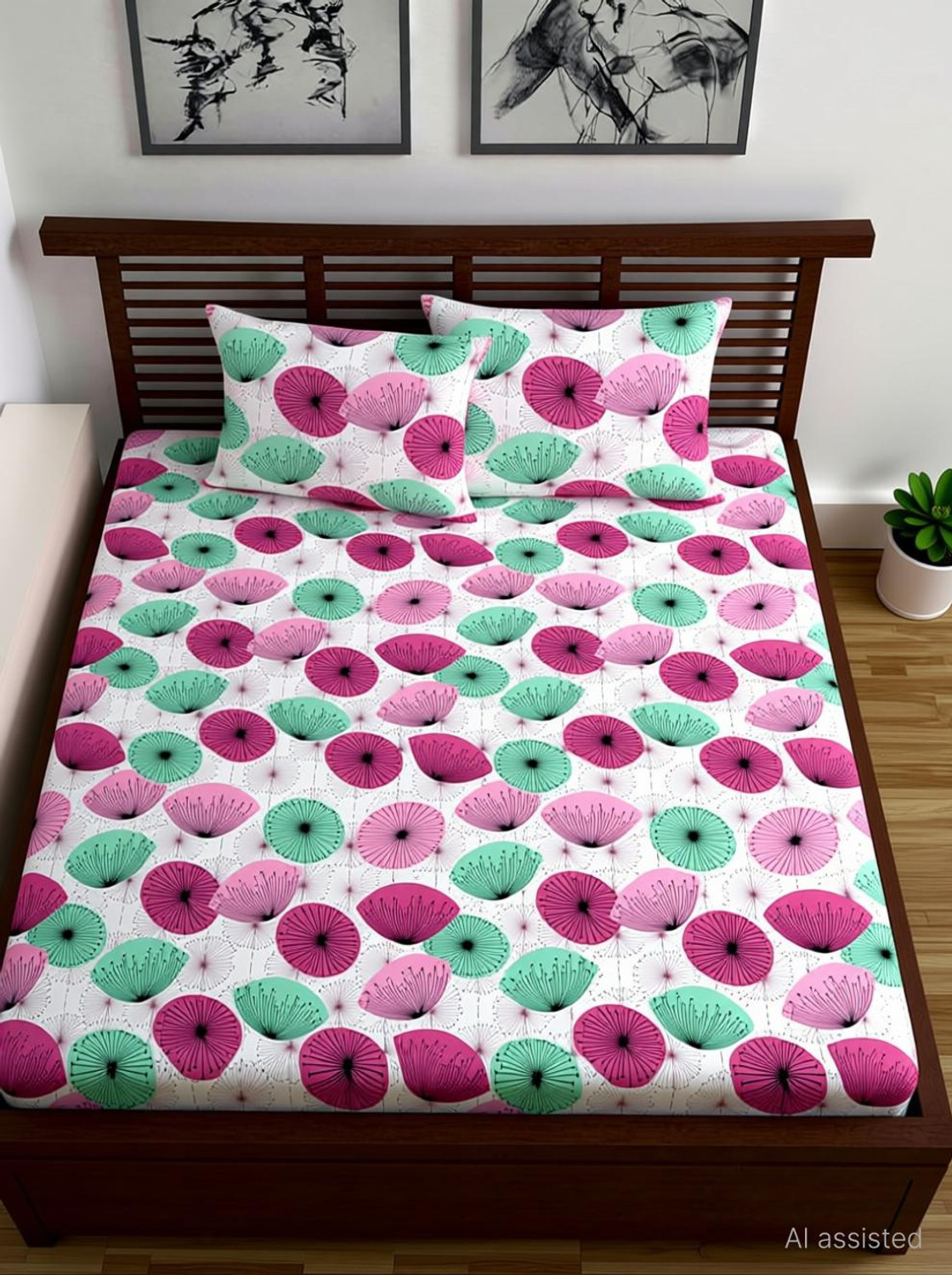Image of Divine Casa Cotton Double Fitted (Elastic) 144 TC Floral 1 Bedsheet with 2 Pillow Covers