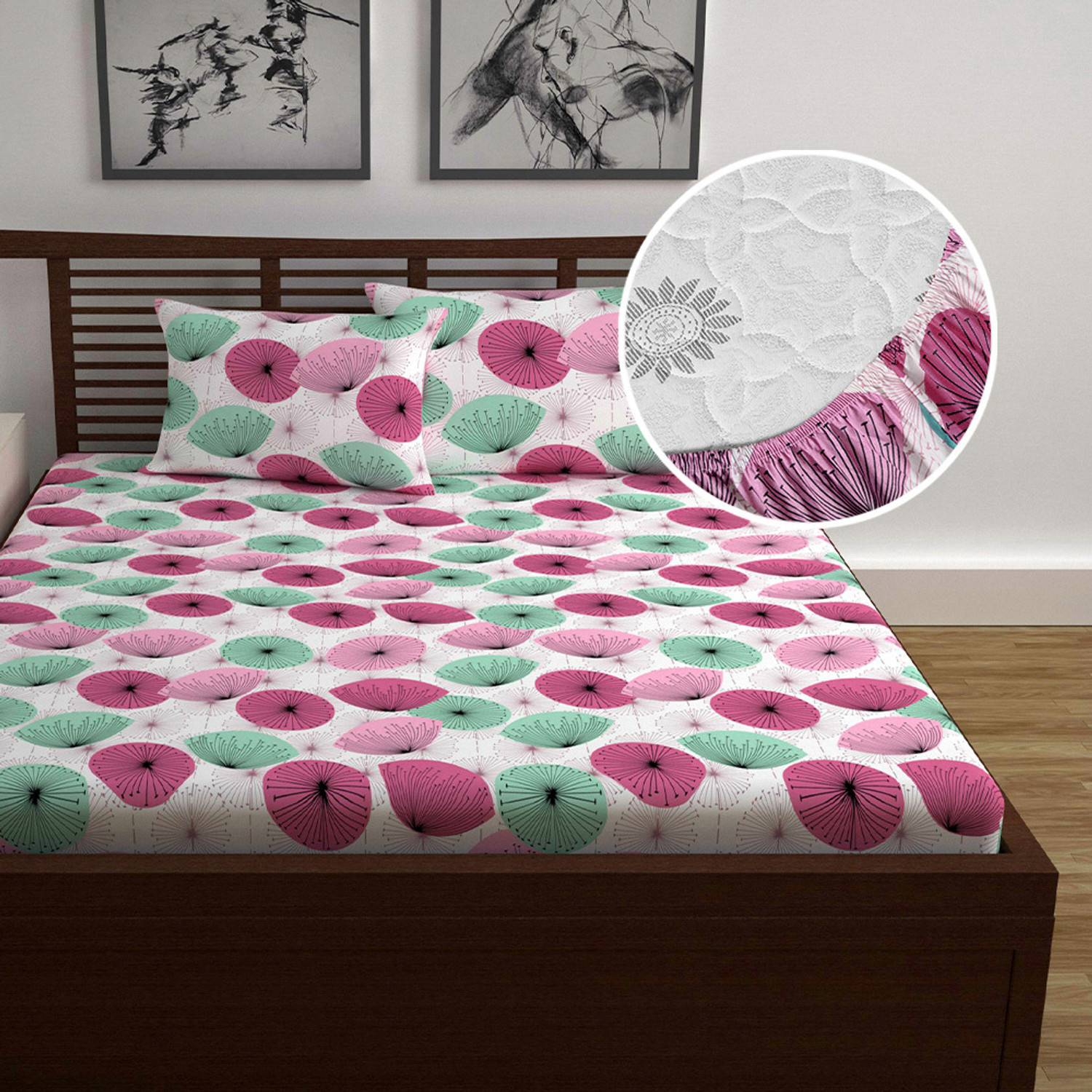 Image of Divine Casa Cotton Double Fitted (Elastic) 144 TC Floral 1 Bedsheet with 2 Pillow Covers