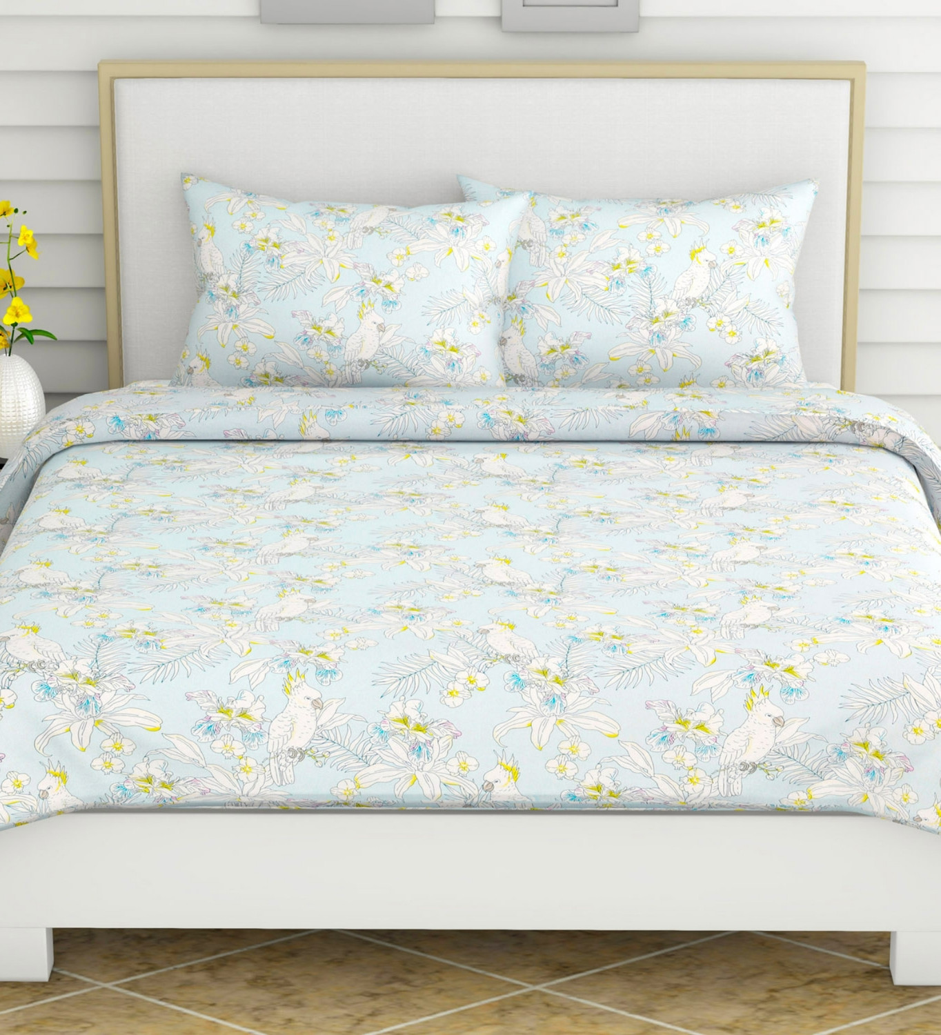 Image of haus & kinder Cotton King Fitted (Elastic) 144 TC Printed 1 Bedsheet with 2 Pillow Covers