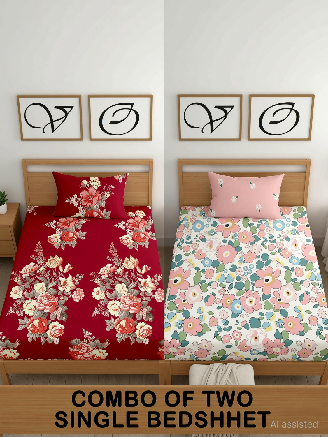 Image of CG Homes Cotton Single Flat 180 TC Printed 2 Bedsheets with 2 Pillow Covers