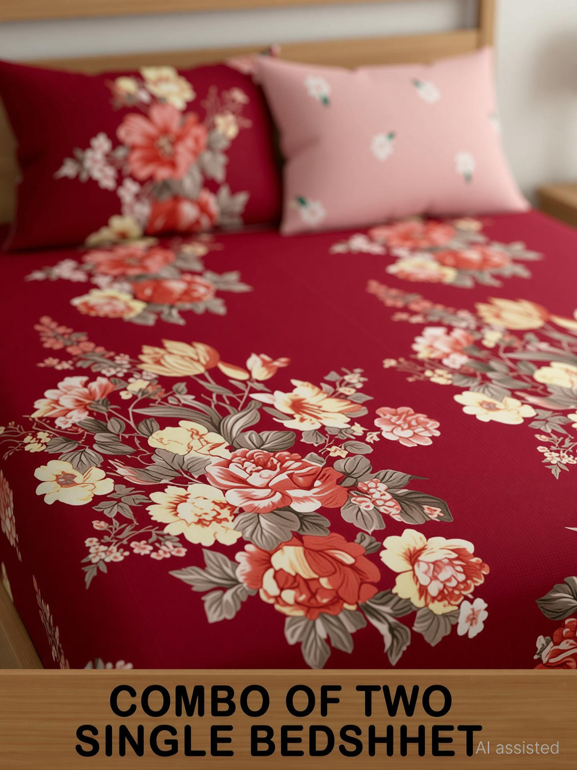 Image of CG Homes Cotton Single Flat 180 TC Printed 2 Bedsheets with 2 Pillow Covers