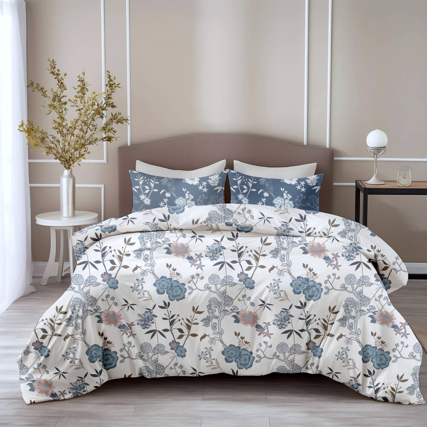 LORETO Cotton Double Flat 144 TC Floral 1 Bedsheet with 2 Pillow