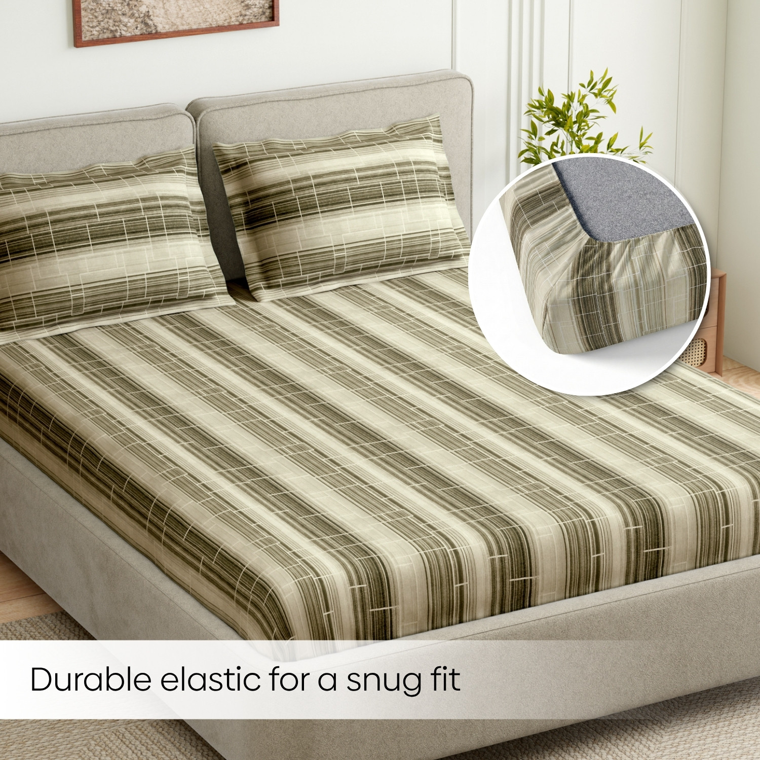 Image of haus & kinder Cotton King Fitted (Elastic) 144 TC Printed 1 Summer Bedsheet with 2 Pillow Covers