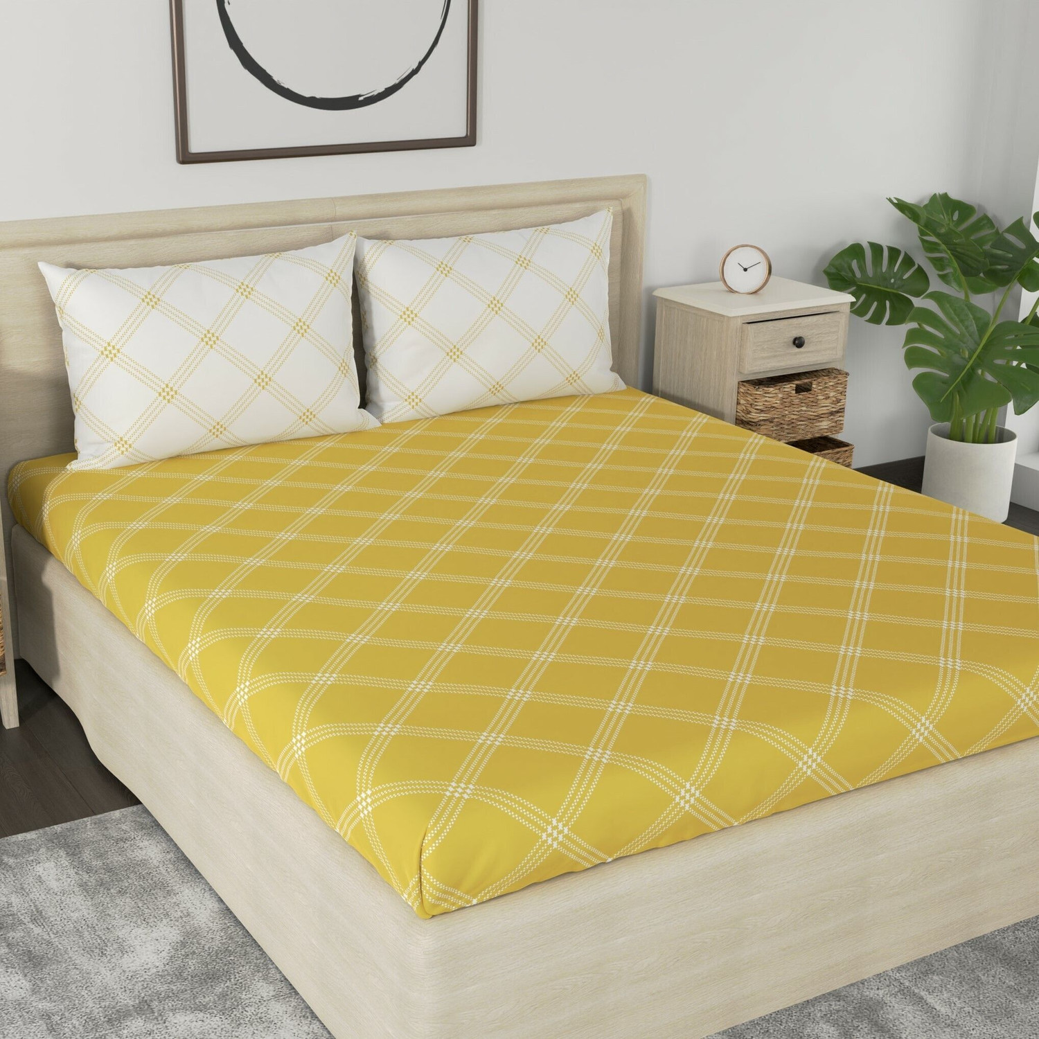 Image of Huesland Cotton King Flat 210 TC Geometric 1 Bedsheet with 2 Pillow Covers