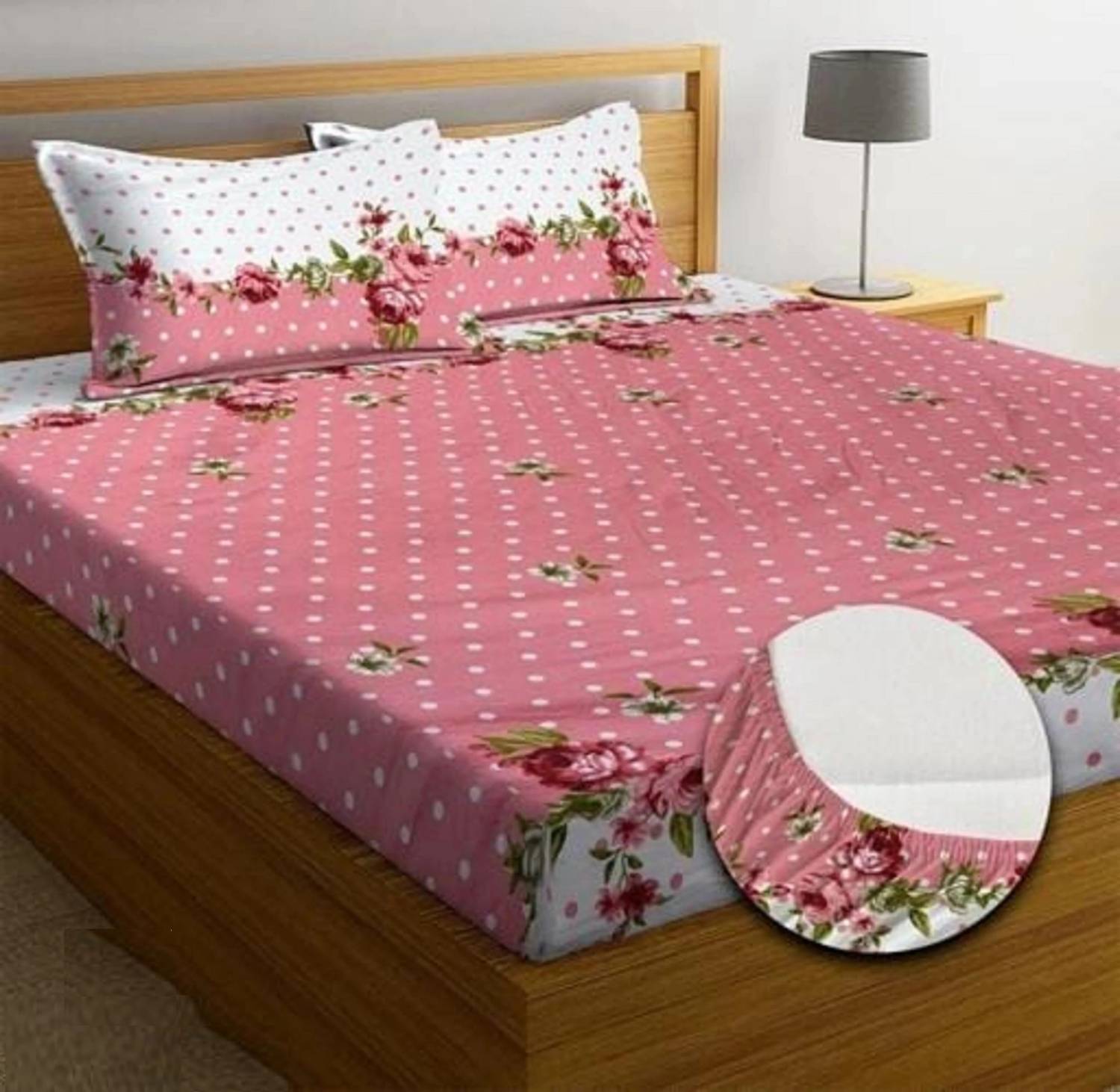 A11 M@LL Cotton Queen Fitted (Elastic) 320 TC Printed 1 Bedsheet with 2 Pillow Covers