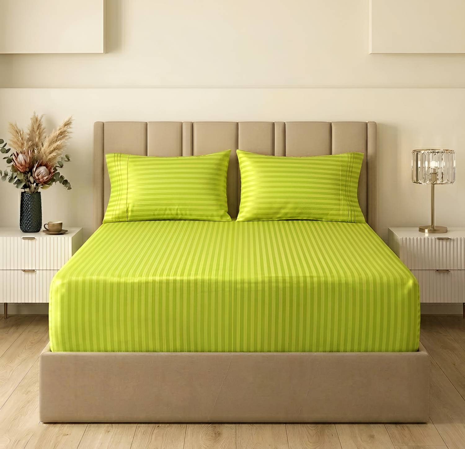 BSB HOME Cotton King Fitted (Elastic) 220 TC Striped 1 Bedsheet with 2 Pillow Covers