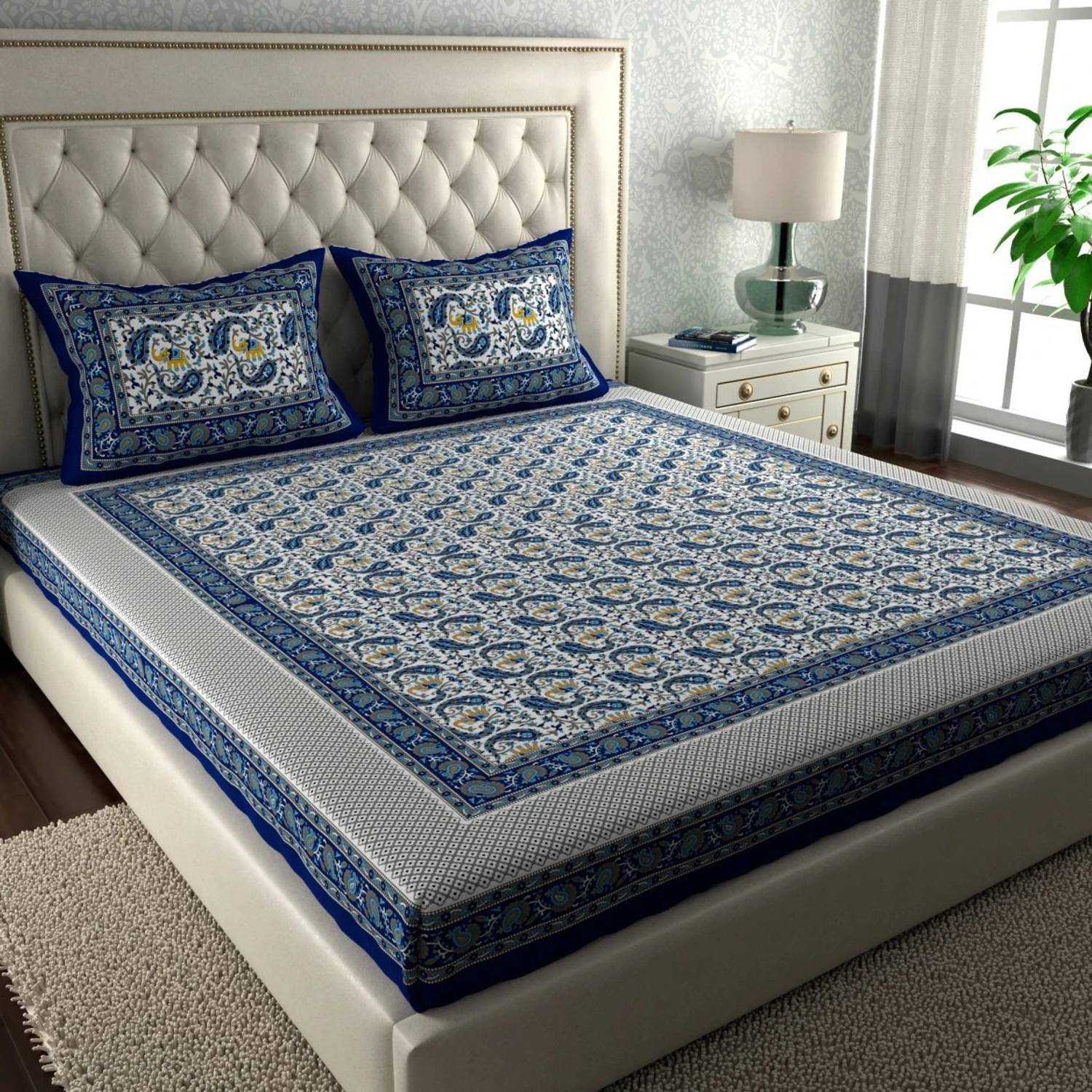 CLOTHSIDE Cotton Double Flat 144 TC Jaipuri Prints 1 Bedsheet wit