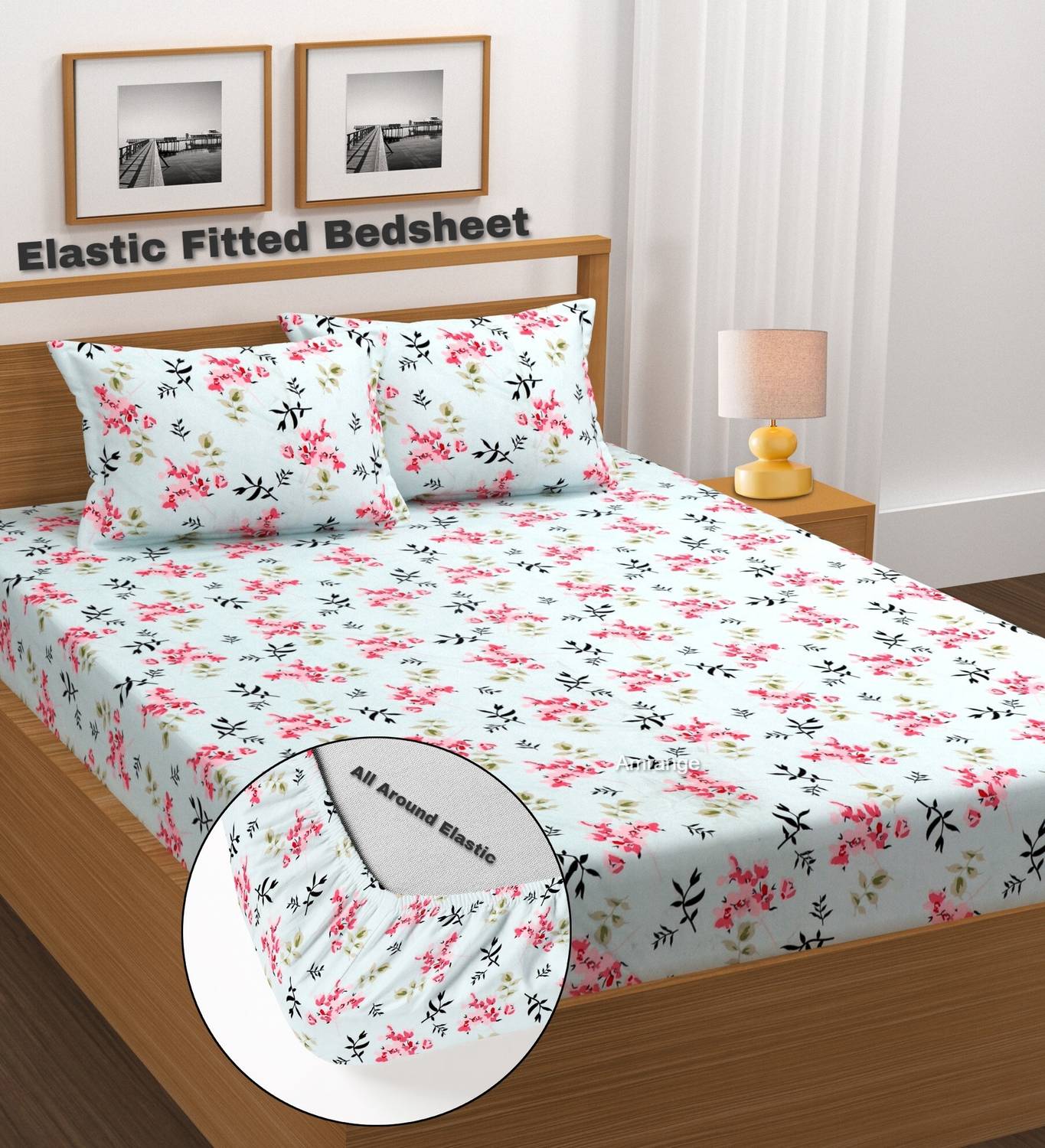 Amrange Microfiber King Fitted (Elastic) 210 TC 3D Printed 1 Bedsheet with 2 Pillow Covers