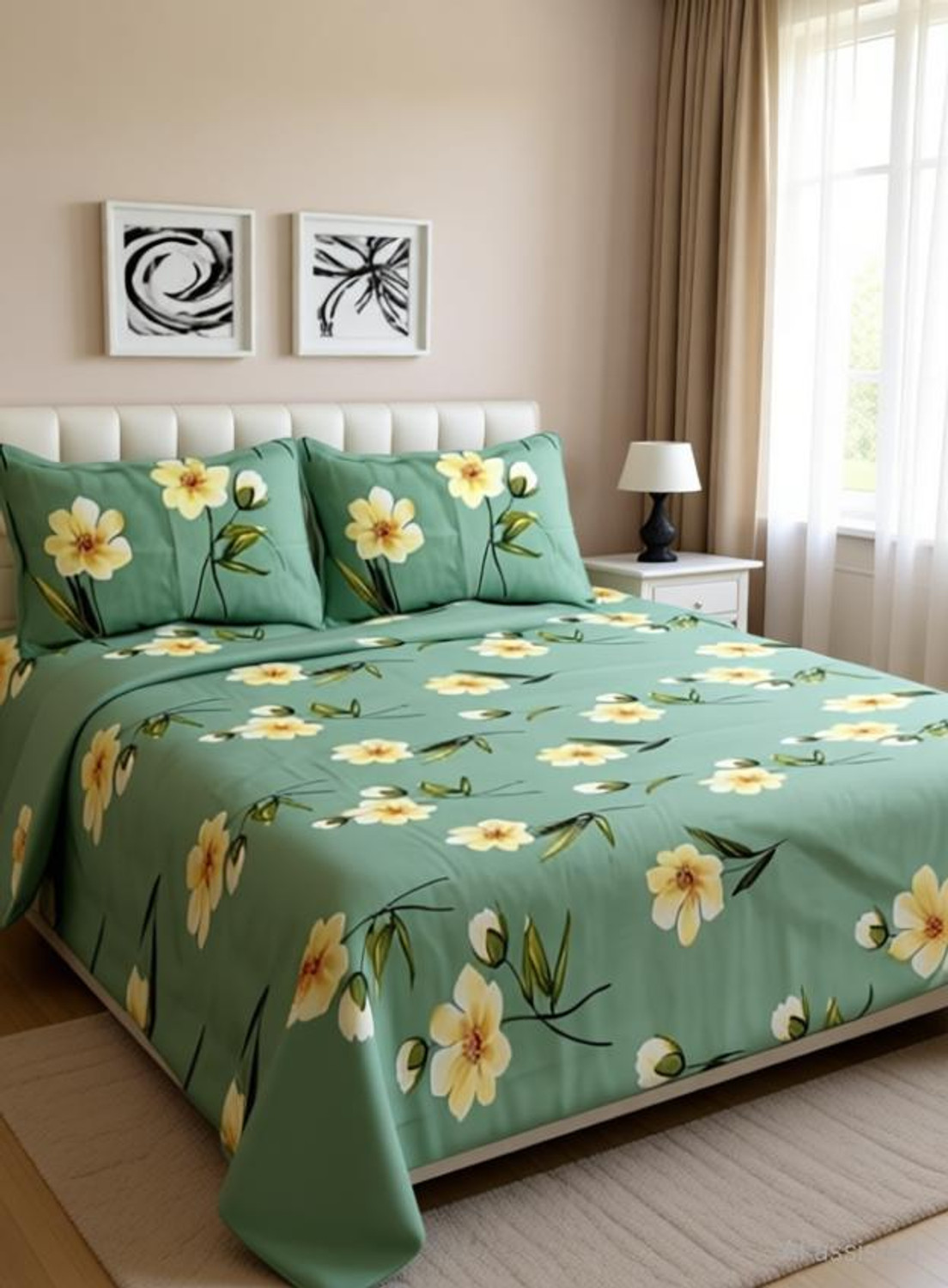 Image of RITEROM Cotton Double Flat 204 TC Floral 1 Bedsheet with 2 Pillow Covers