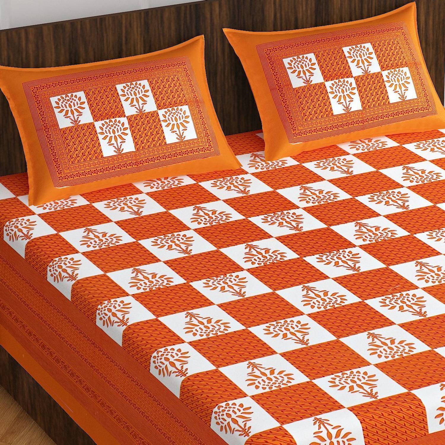 CLOTHOLOGY Cotton Double Flat 144 TC Jaipuri Prints 1 Bedsheet wi