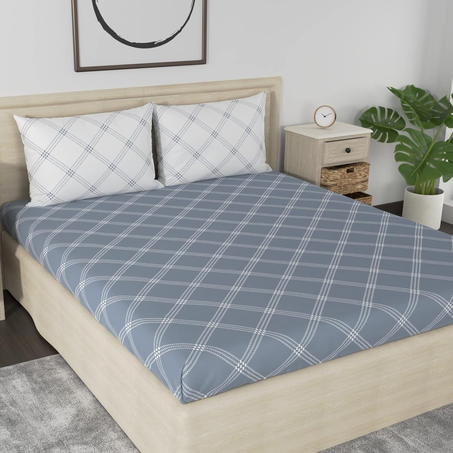 Image of Huesland Cotton King Fitted (Elastic) 210 TC Geometric 1 Bedsheet with 2 Pillow Covers