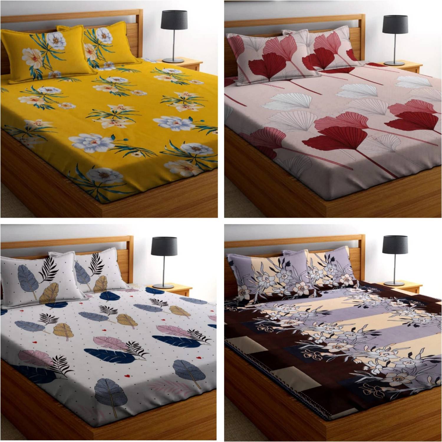 Amrange Cotton King Flat 210 TC 3D Printed 4 Bedsheets with 8 Pillow Covers