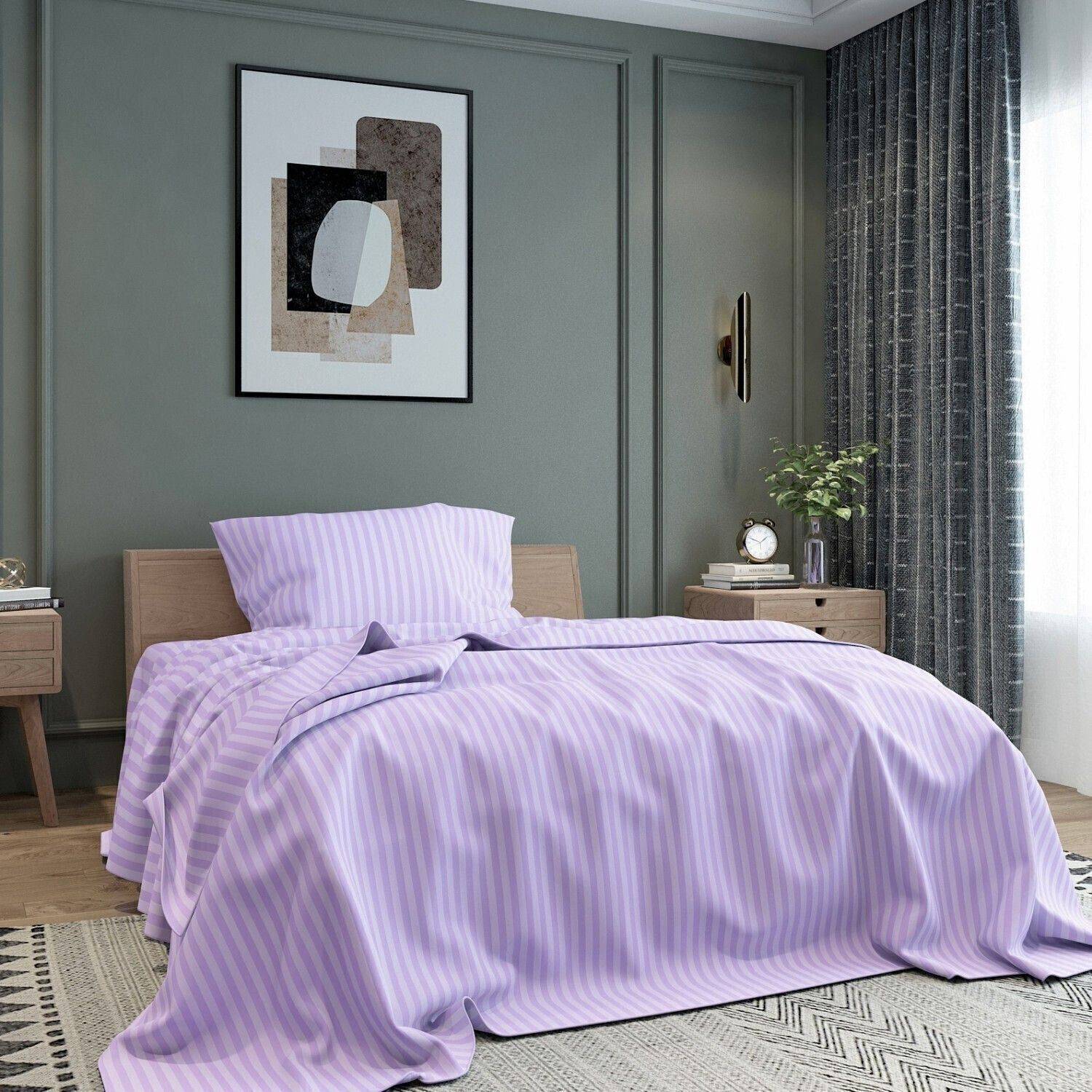 BELVOSTUM Microfiber Single Flat 280 TC Striped 1 Bedsheet with 2