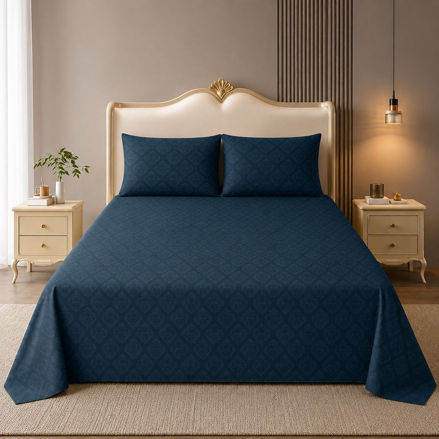 Image of MIGHTYCOZY Cotton Super King Flat 300 TC Printed 1 Bedsheet with 2 Pillow Covers (Blue)