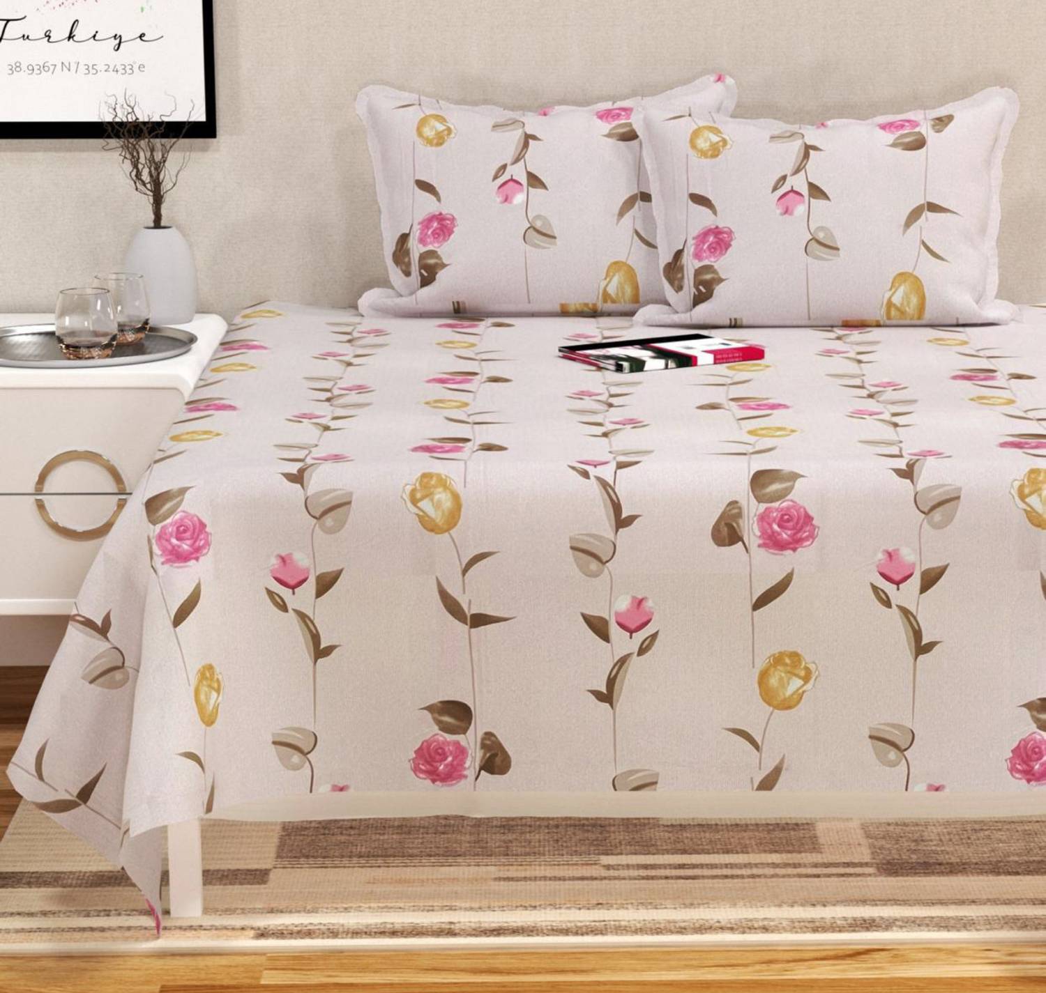 BSB HOME Cotton Double Flat 220 TC Floral 1 Bedsheet with 2 Pillow Covers